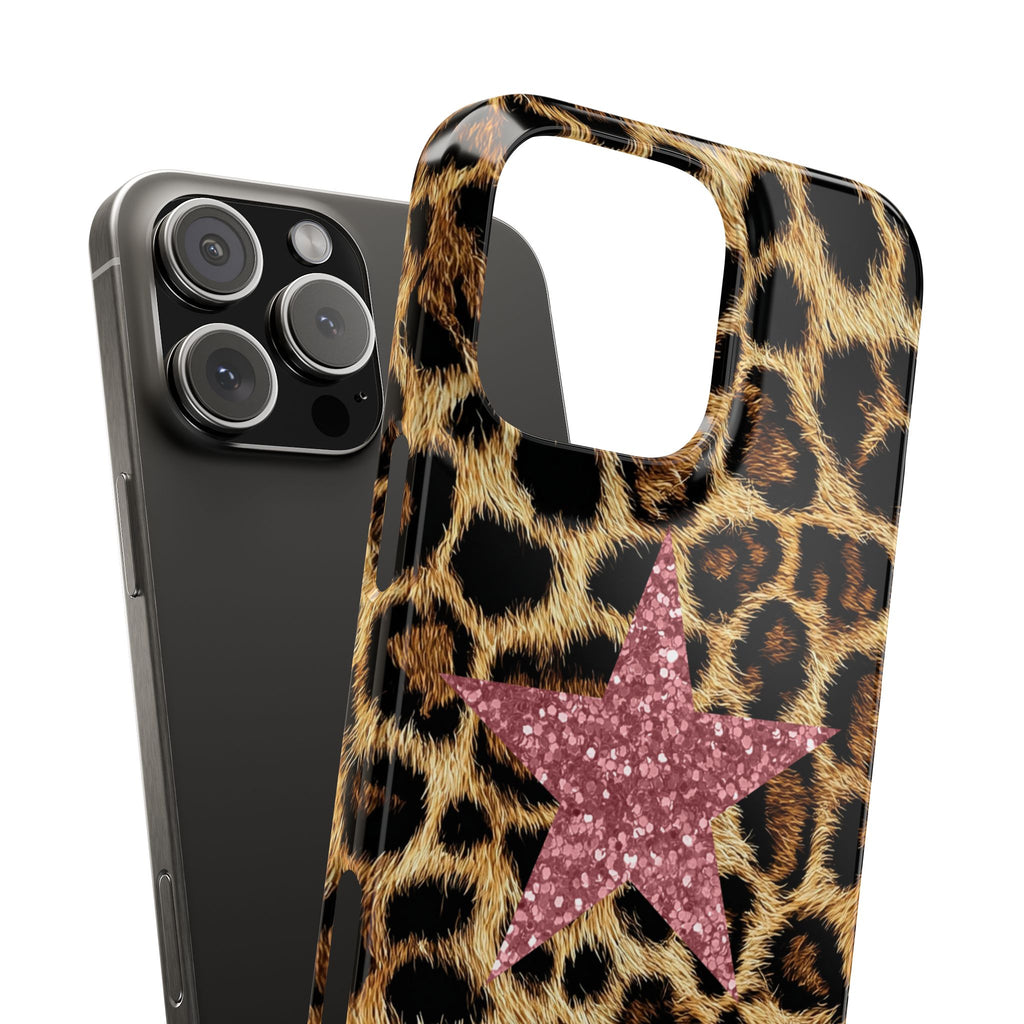 Leopard Print Slim Phone Case with Pink Glitter Star — Chic Animal Print Protective Cover