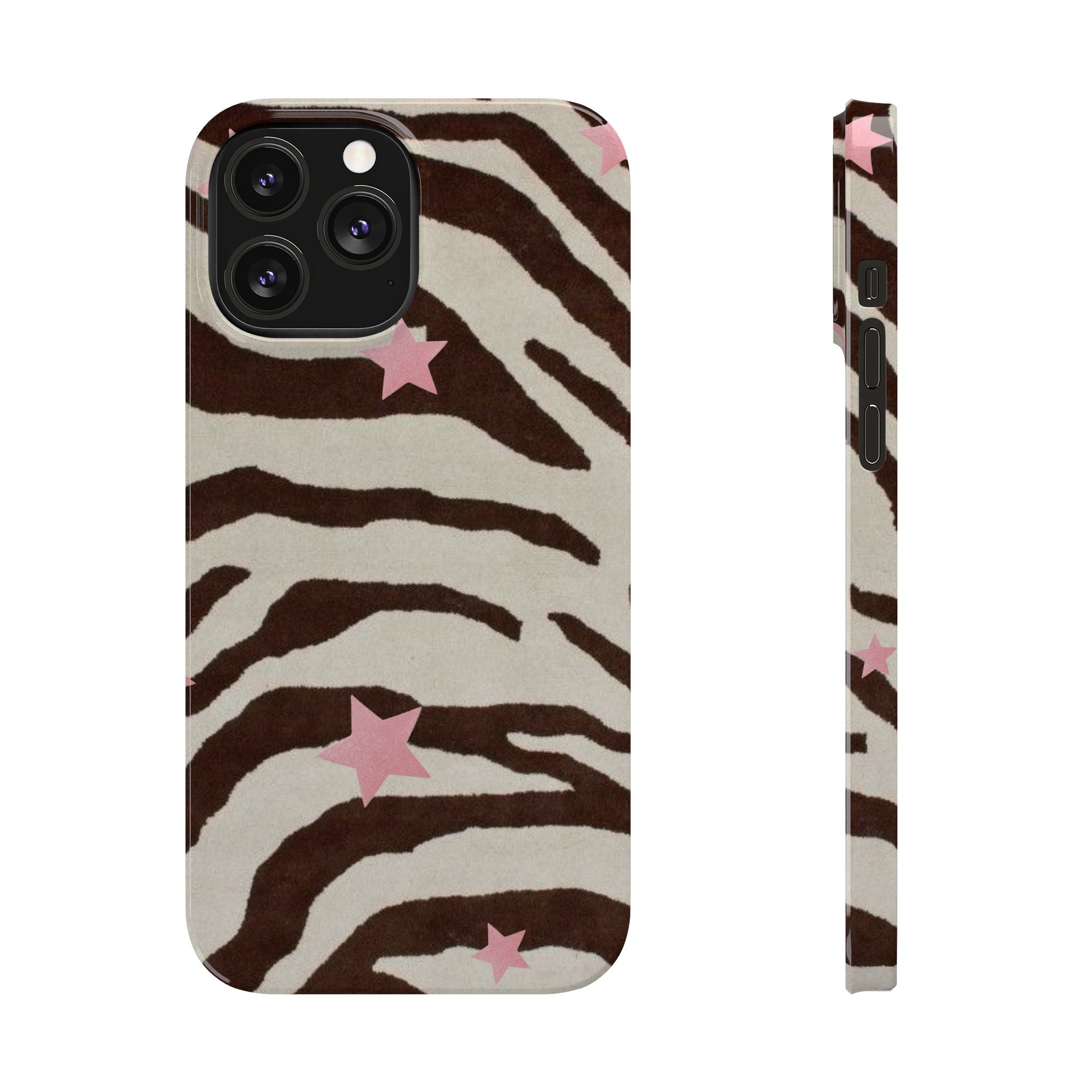 Zebra Stripe Slim Phone Case with Pink Stars – Trendy Animal Print Protector