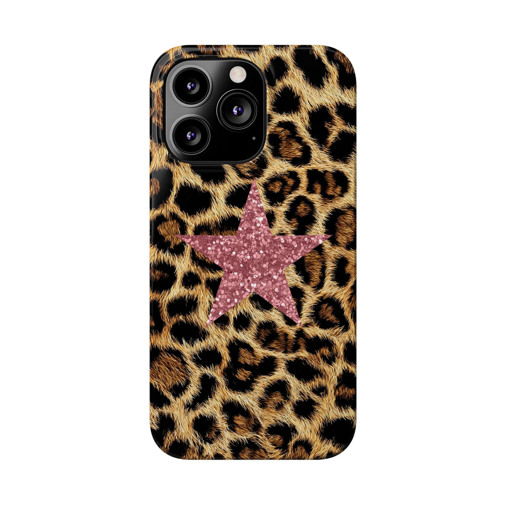 Leopard Print Slim Phone Case with Pink Glitter Star — Chic Animal Print Protective Cover