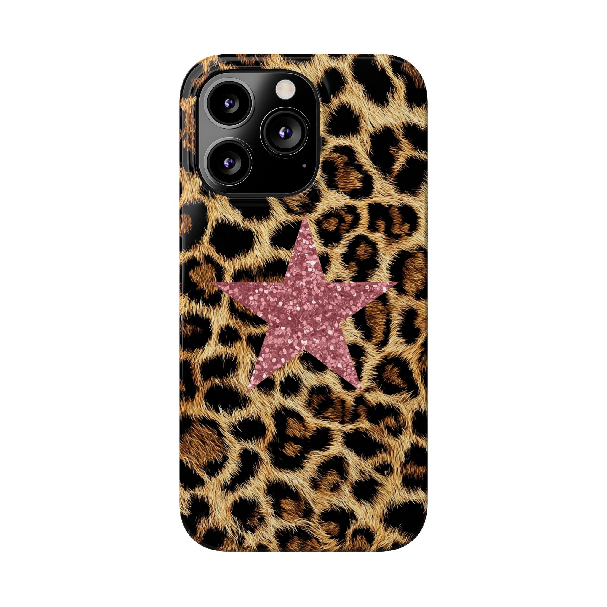 Leopard Print Slim Phone Case with Pink Glitter Star — Chic Animal Print Protective Cover