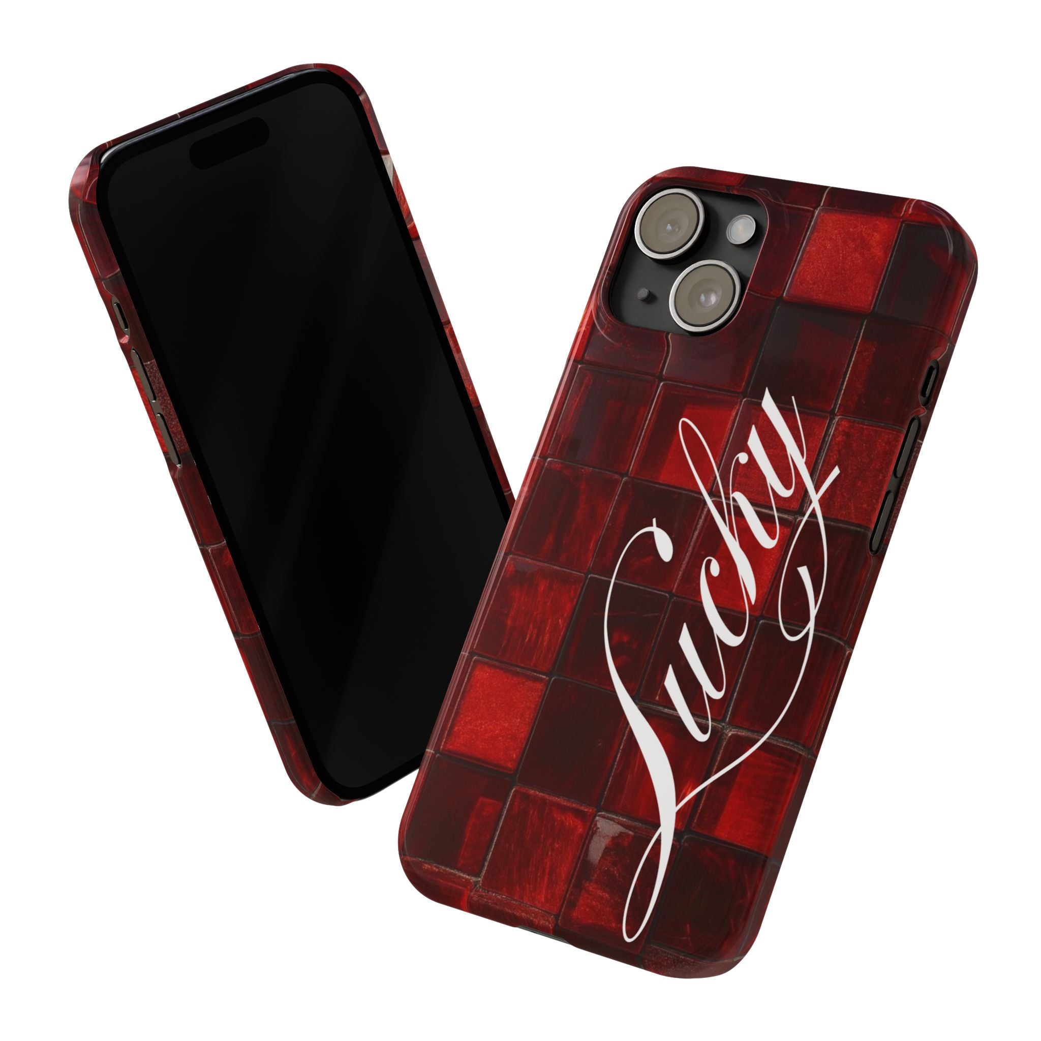 Red Mosaic 'Lucky' Slim Phone Case — Stylish Script Protective Cover
