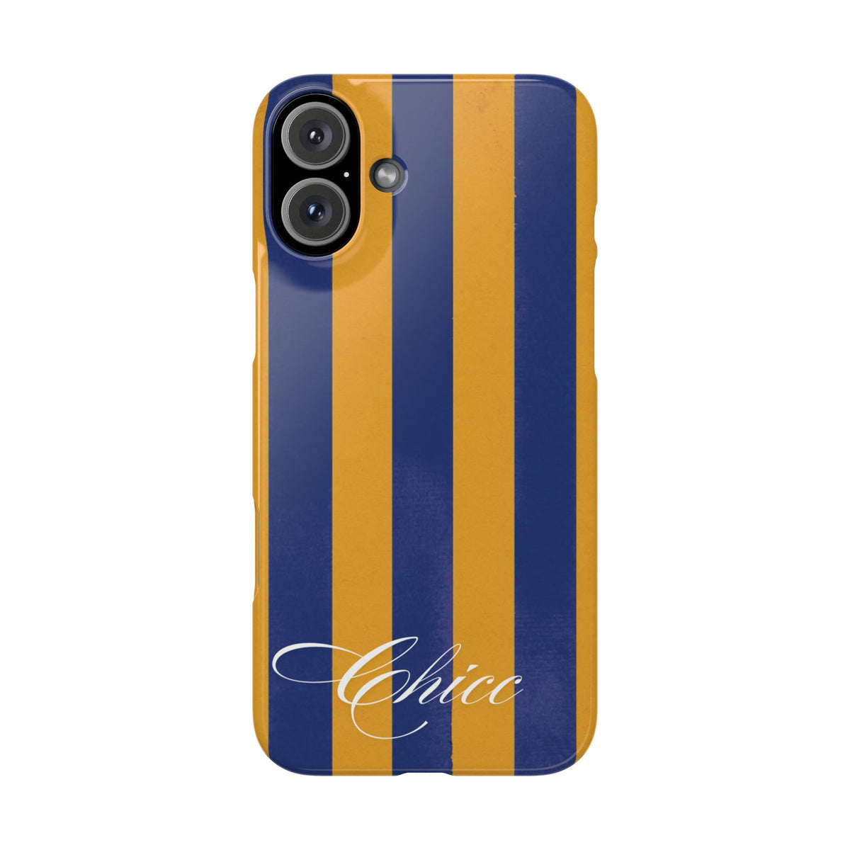 Striped Navy & Gold Slim Phone Case — "Chicc" Script Accent