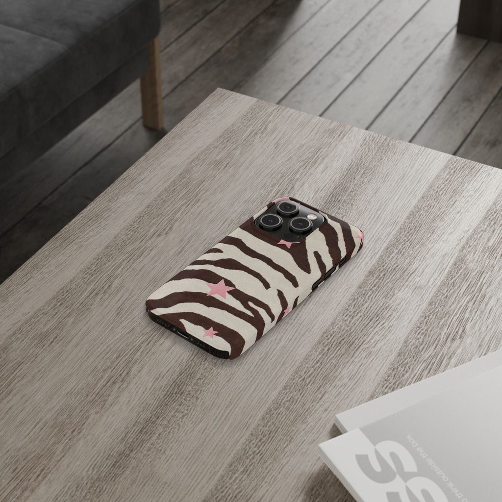 Zebra Stripe Slim Phone Case with Pink Stars – Trendy Animal Print Protector