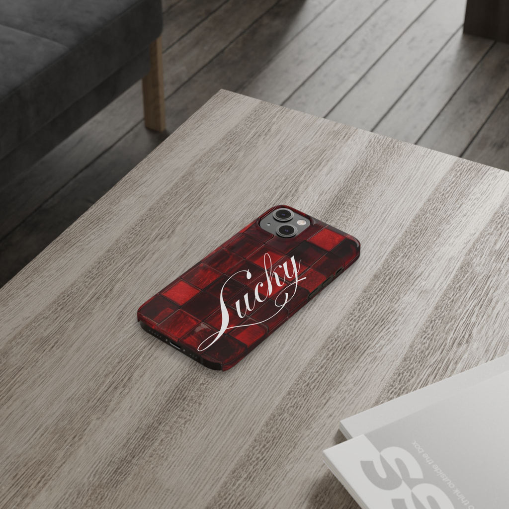 Red Mosaic 'Lucky' Slim Phone Case — Stylish Script Protective Cover