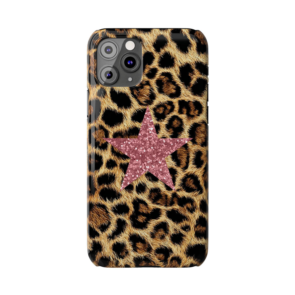 Leopard Print Slim Phone Case with Pink Glitter Star — Chic Animal Print Protective Cover