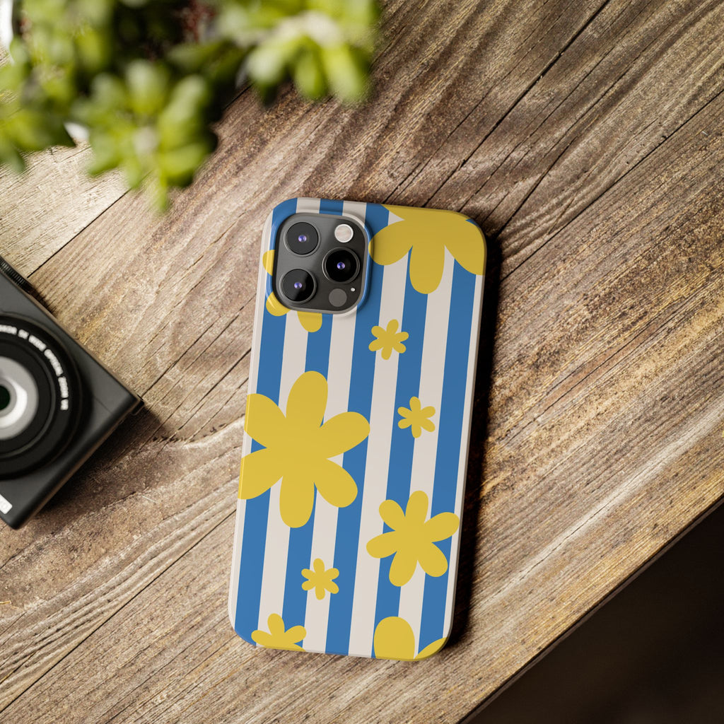 Retro Blue Stripes with Yellow Flower Pattern