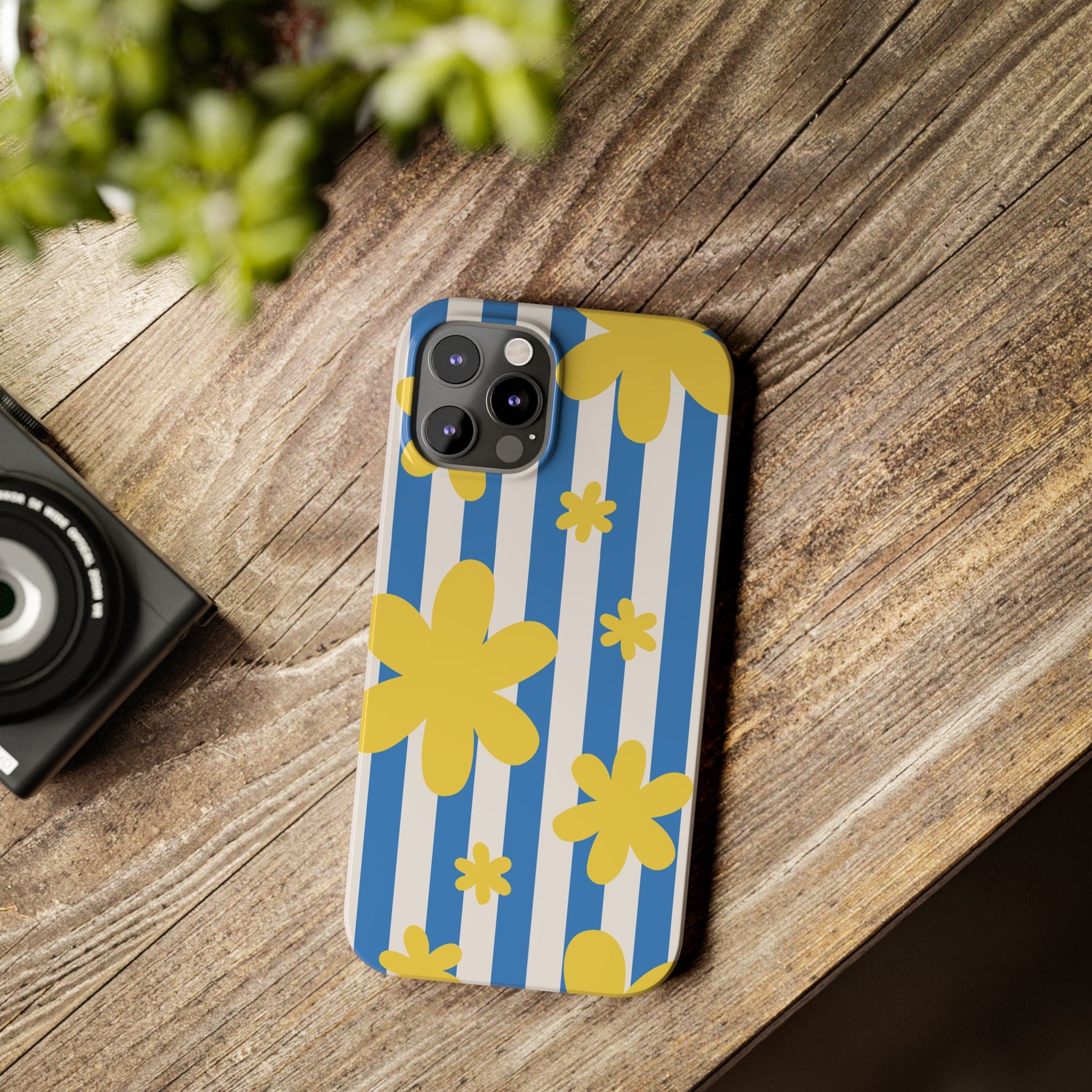 Retro Blue Stripes with Yellow Flower Pattern