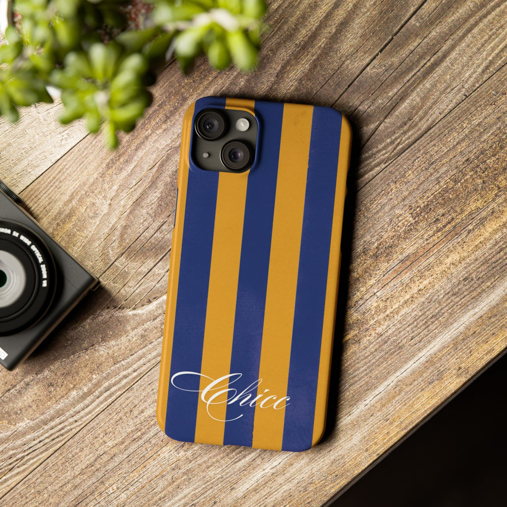 Striped Navy & Gold Slim Phone Case — "Chicc" Script Accent
