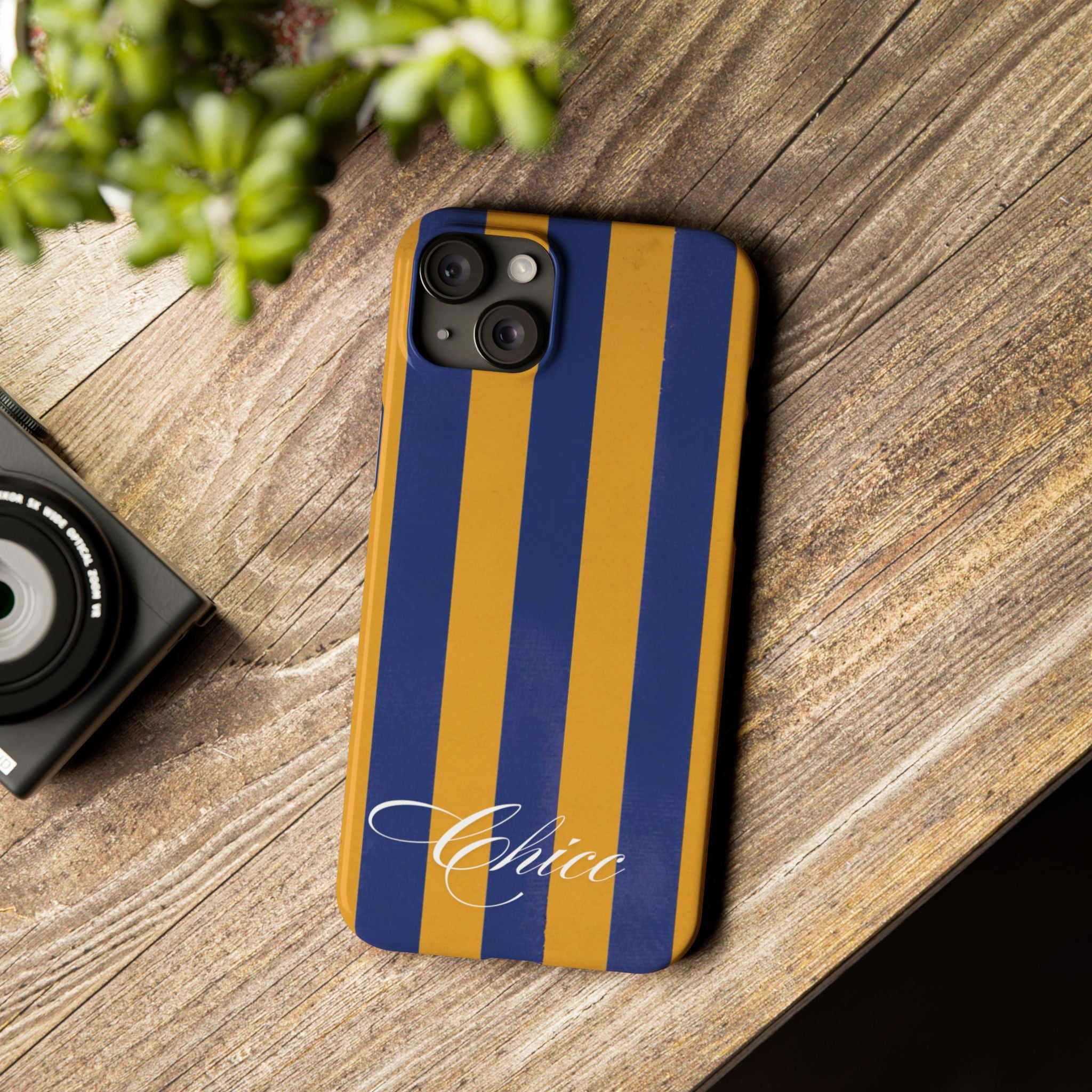 Striped Navy & Gold Slim Phone Case — "Chicc" Script Accent