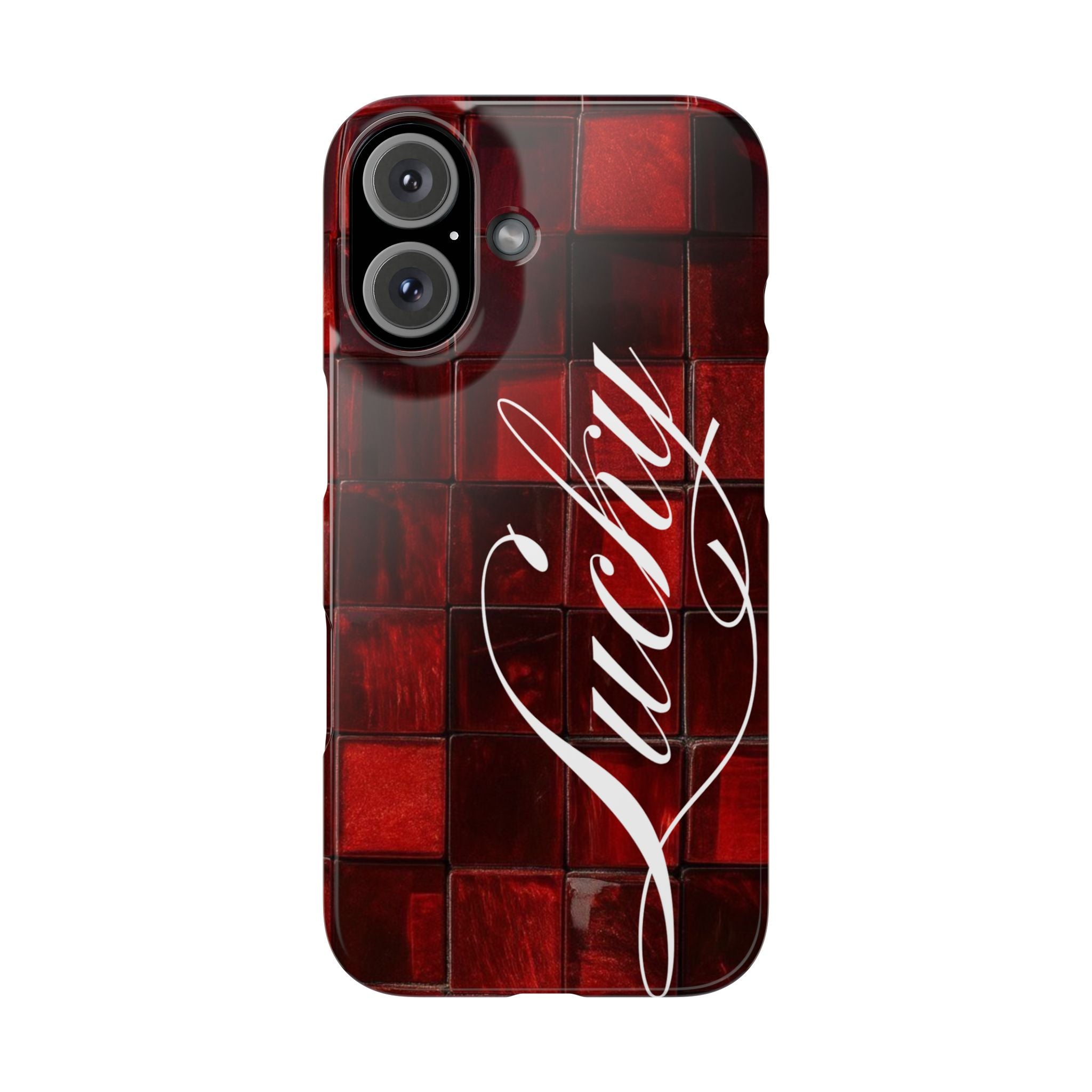 Red Mosaic 'Lucky' Slim Phone Case — Stylish Script Protective Cover