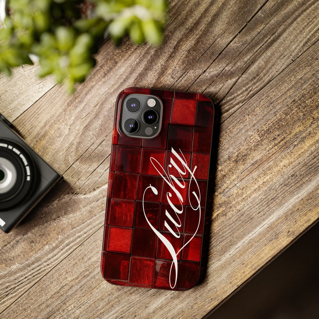 Red Mosaic 'Lucky' Slim Phone Case — Stylish Script Protective Cover