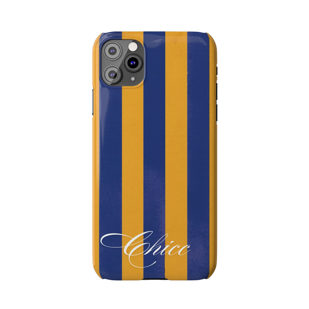 Striped Navy & Gold Slim Phone Case — "Chicc" Script Accent