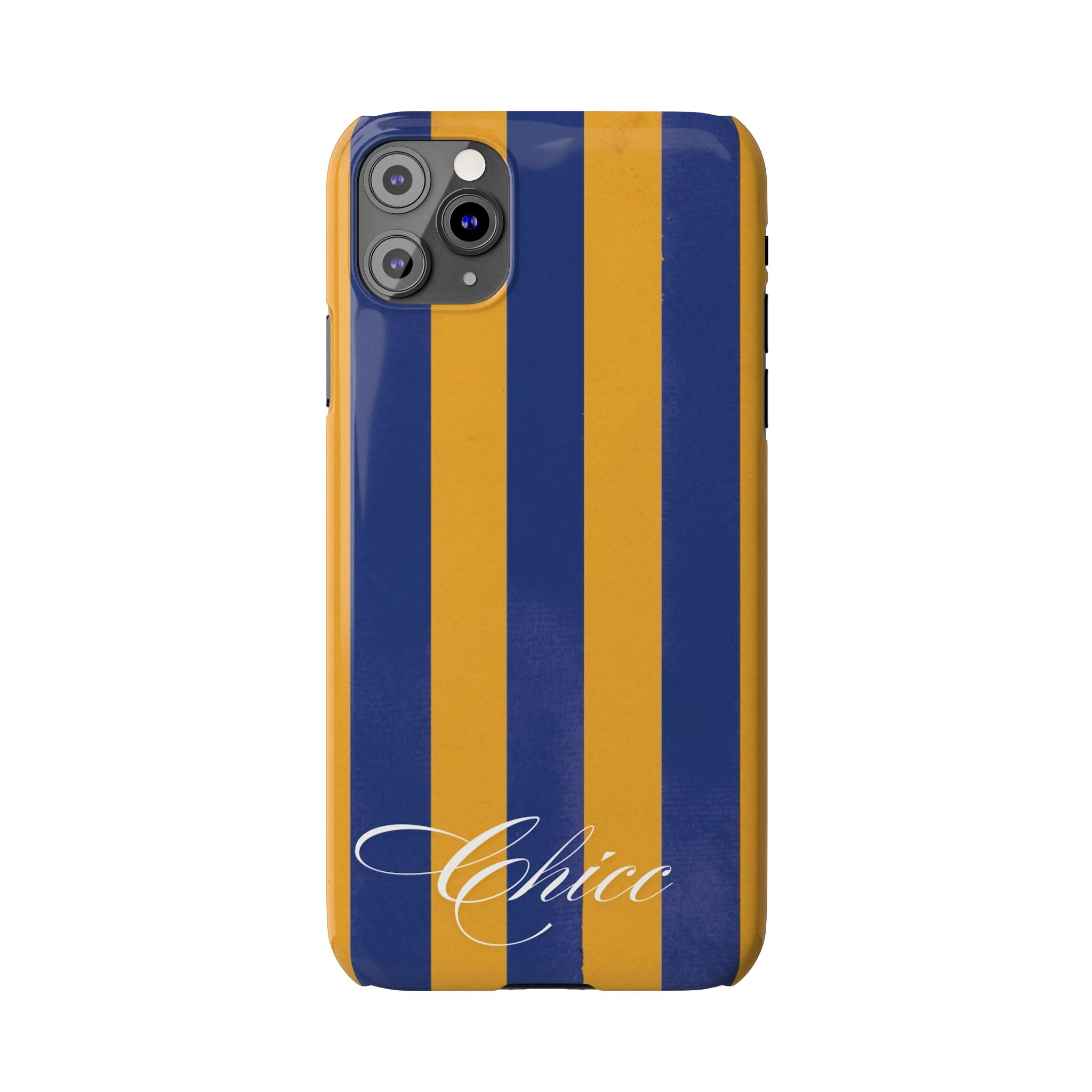 Striped Navy & Gold Slim Phone Case — "Chicc" Script Accent