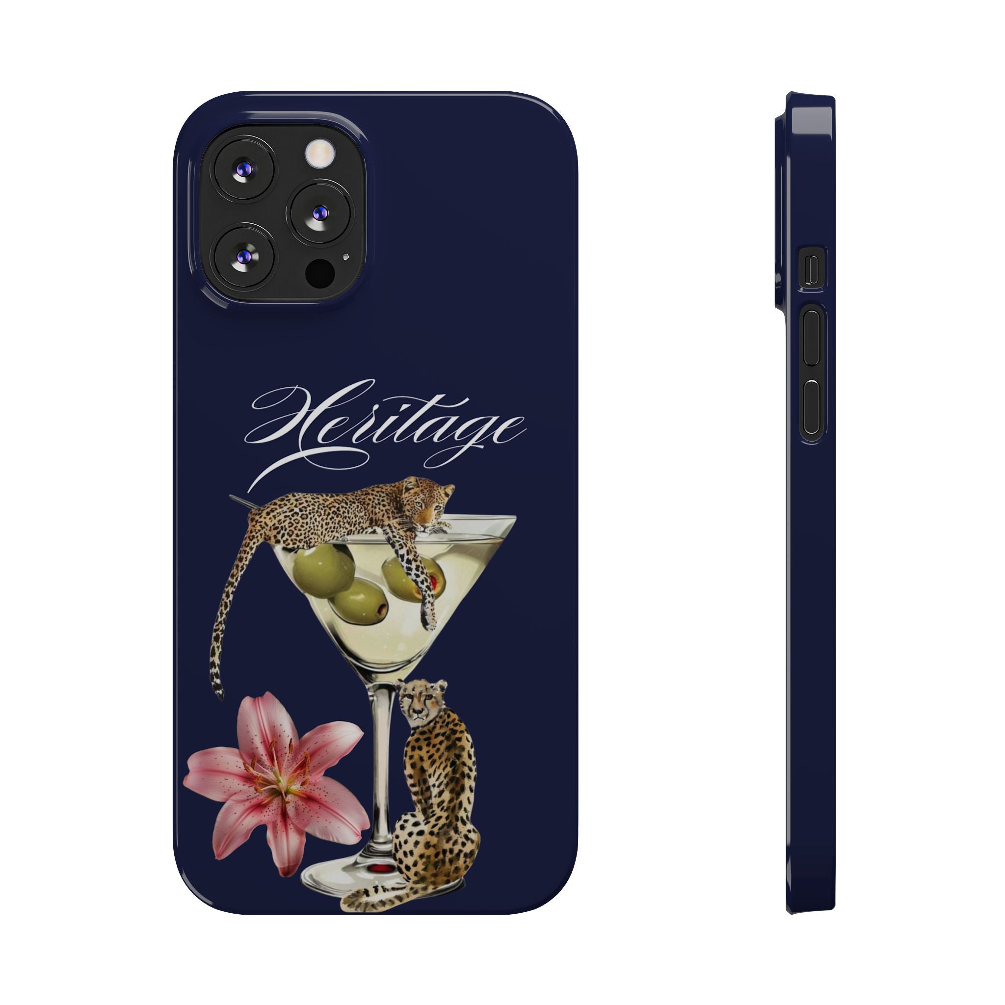 Heritage Cheetah Martini Slim Phone Case — Floral Cocktail Design