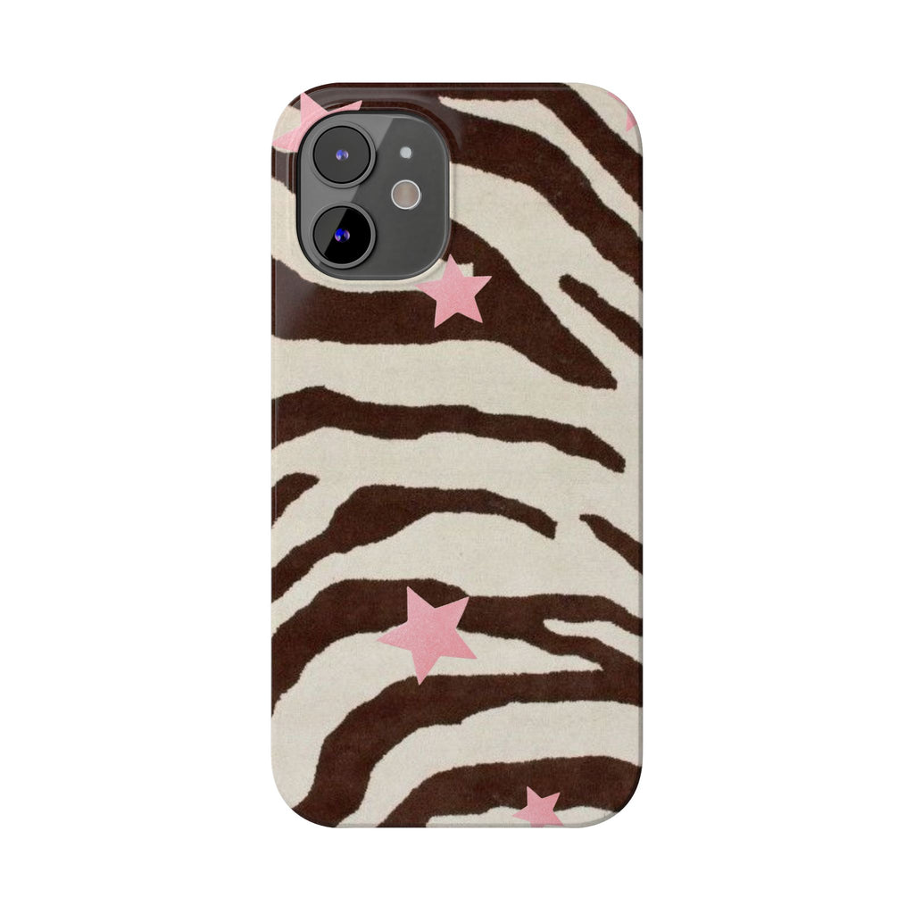 Zebra Stripe Slim Phone Case with Pink Stars – Trendy Animal Print Protector