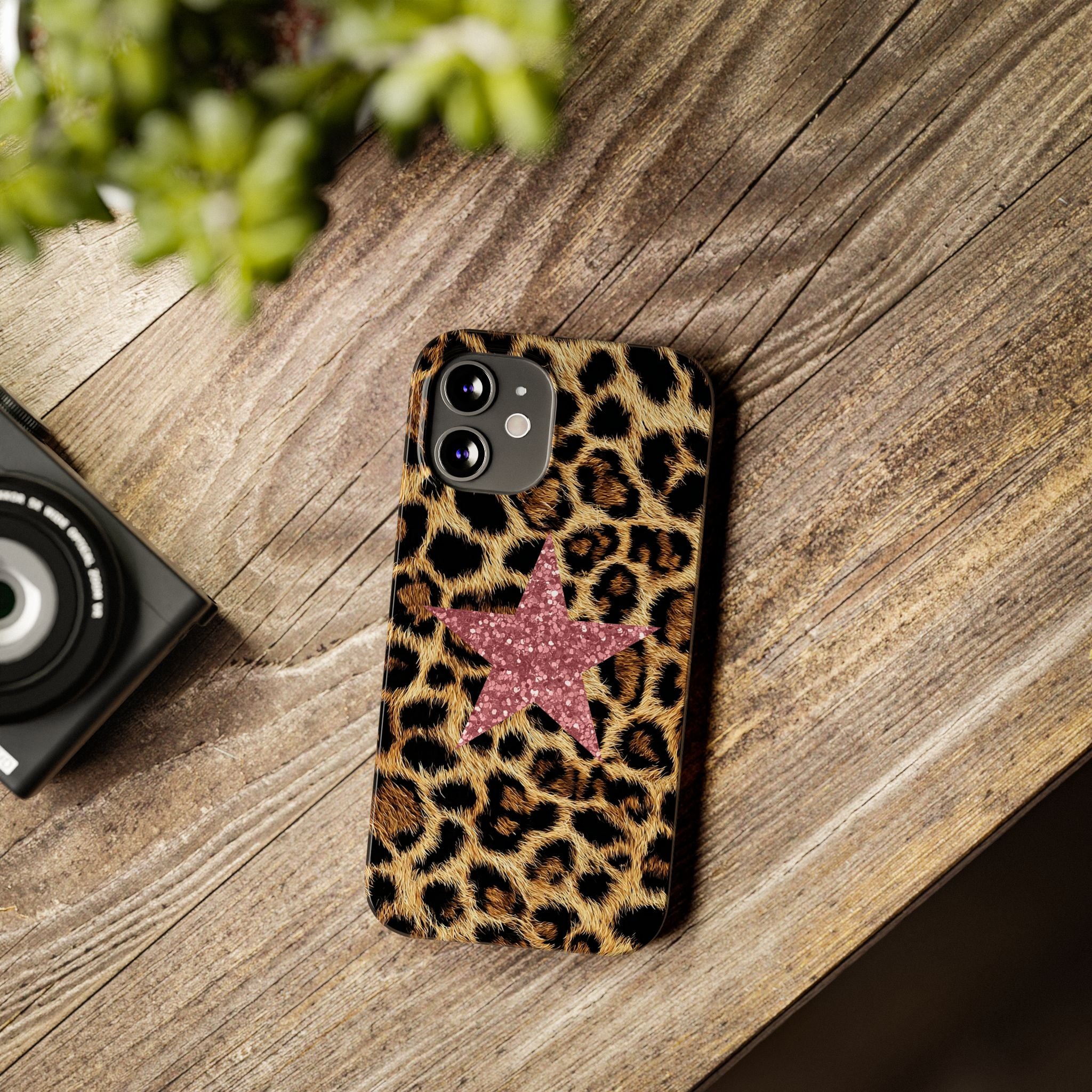 Leopard Print Slim Phone Case with Pink Glitter Star — Chic Animal Print Protective Cover