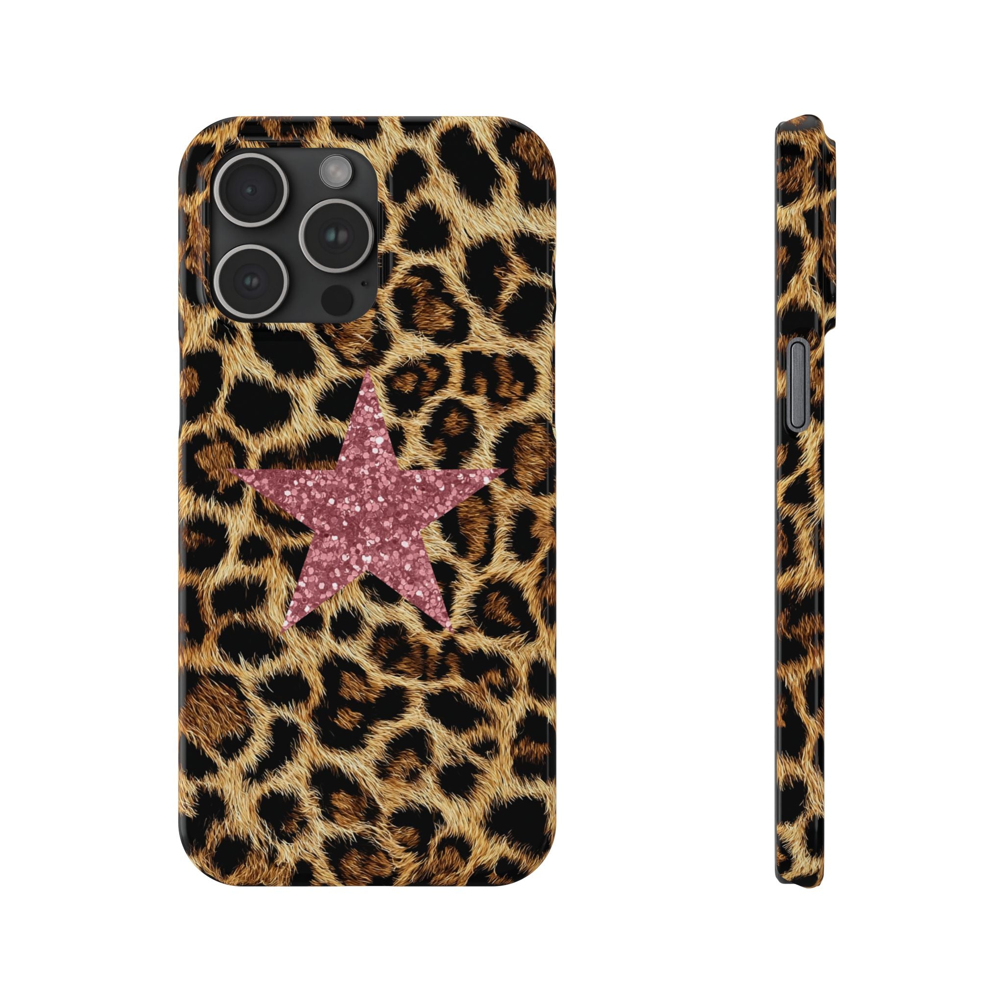 Leopard Print Slim Phone Case with Pink Glitter Star — Chic Animal Print Protective Cover