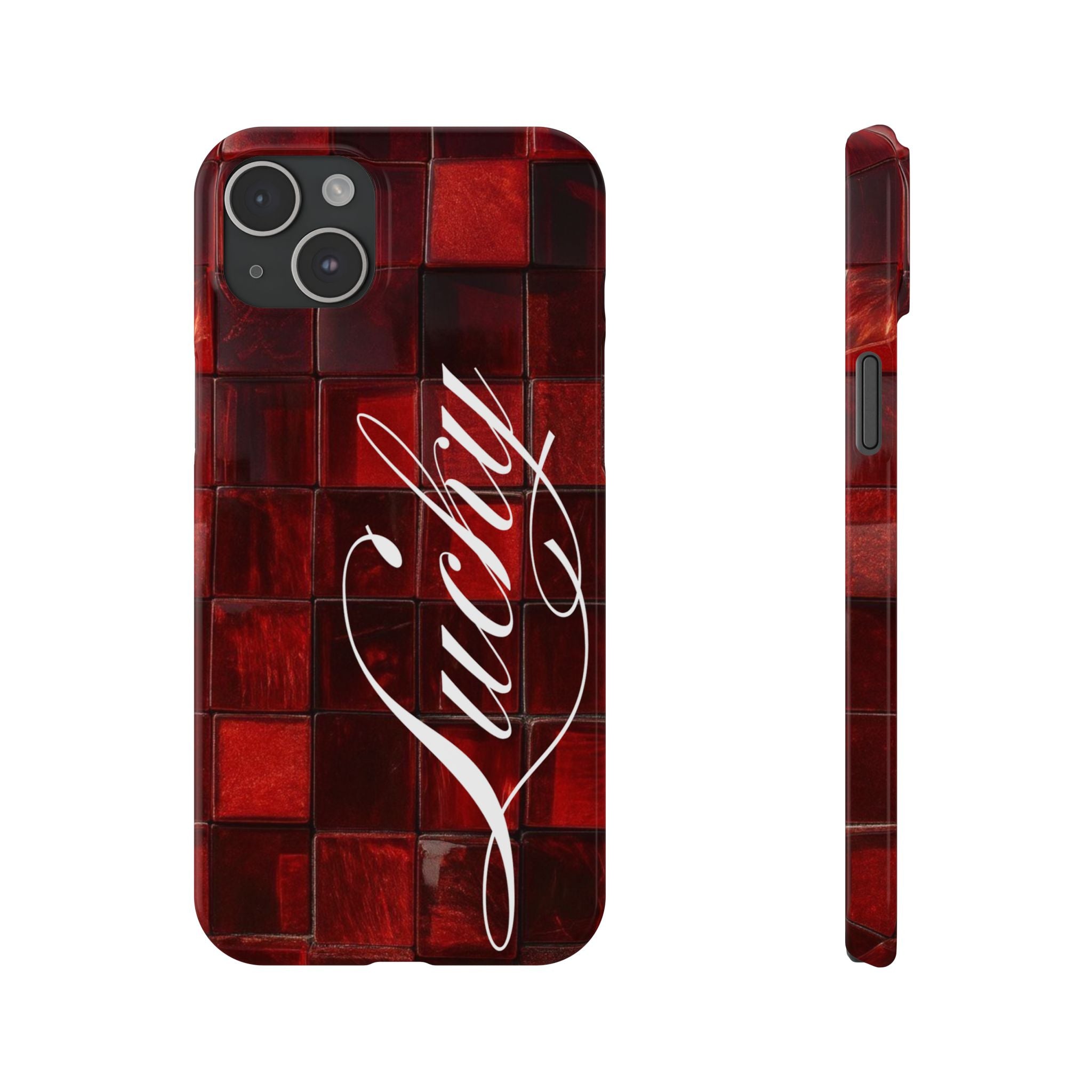 Red Mosaic 'Lucky' Slim Phone Case — Stylish Script Protective Cover
