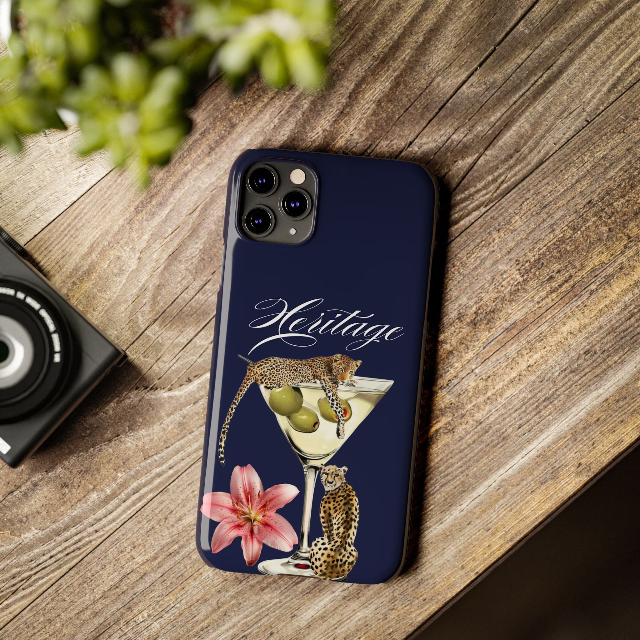 Heritage Cheetah Martini Slim Phone Case — Floral Cocktail Design