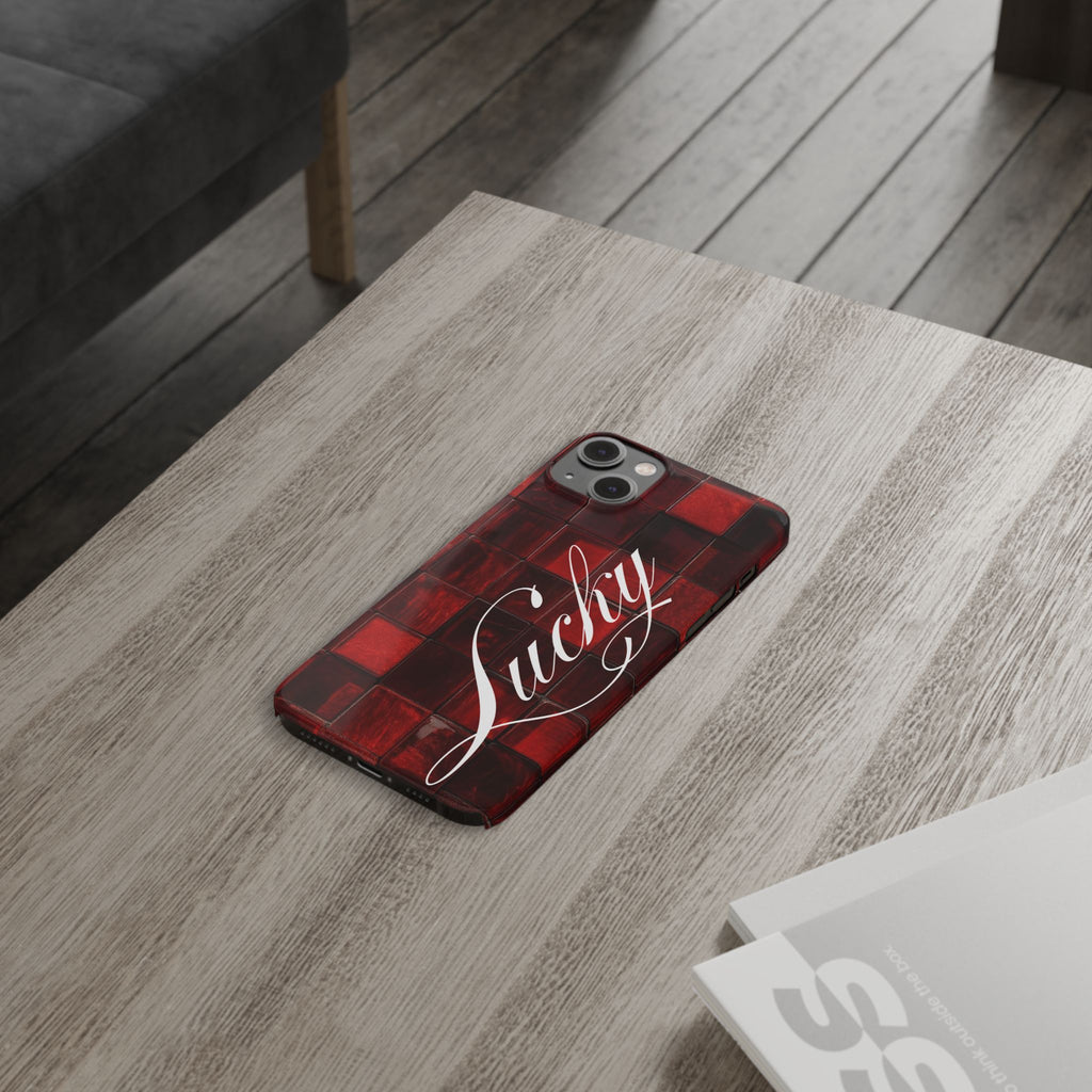 Red Mosaic 'Lucky' Slim Phone Case — Stylish Script Protective Cover