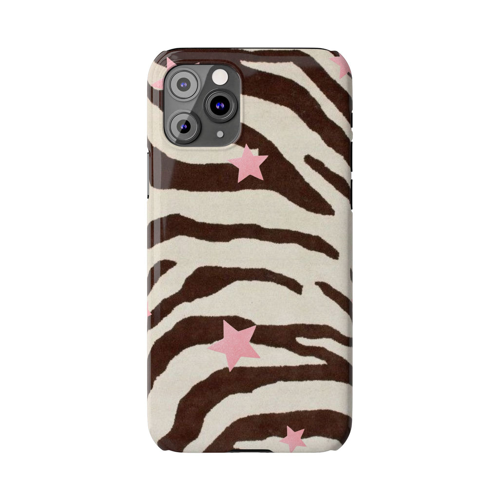 Zebra Stripe Slim Phone Case with Pink Stars – Trendy Animal Print Protector