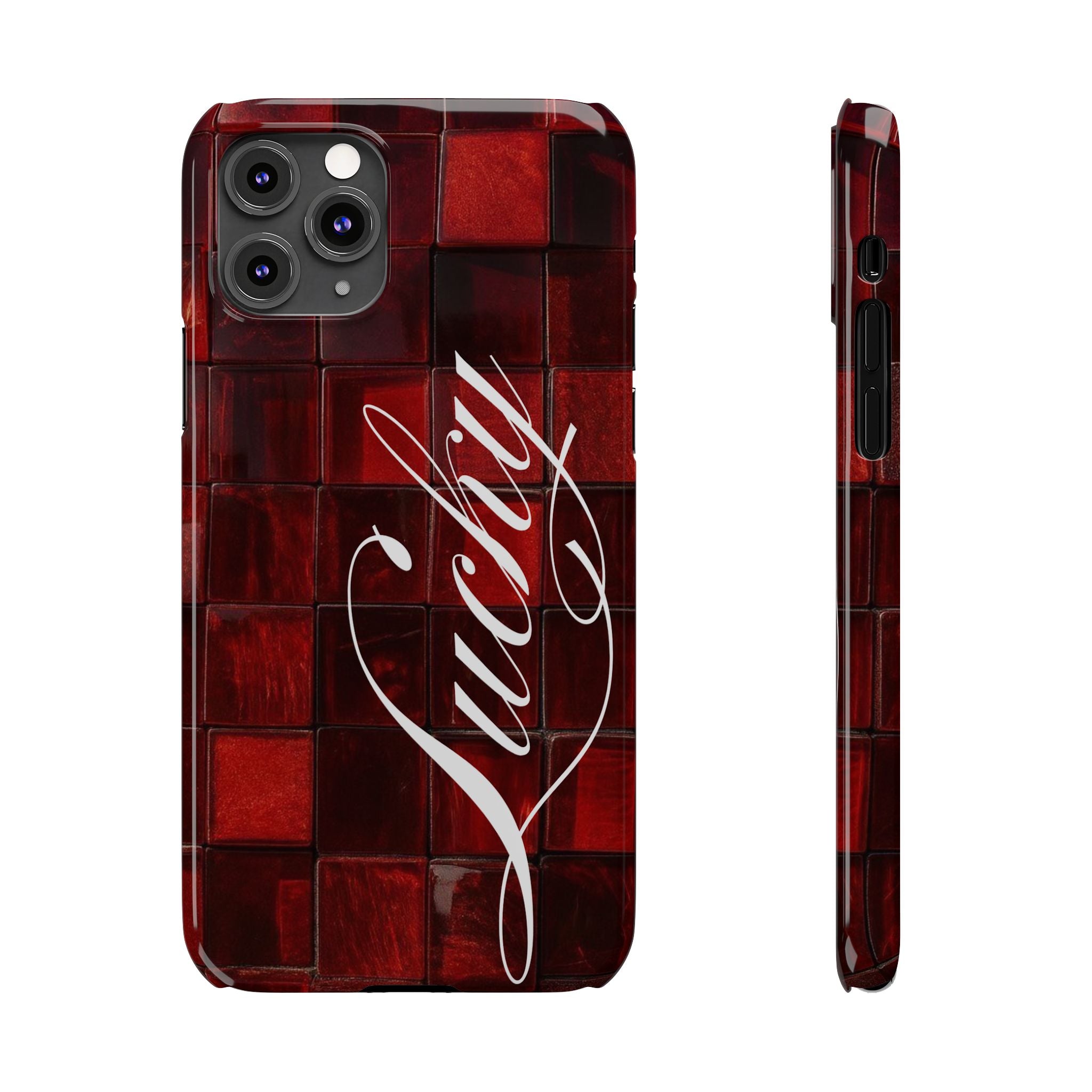 Red Mosaic 'Lucky' Slim Phone Case — Stylish Script Protective Cover