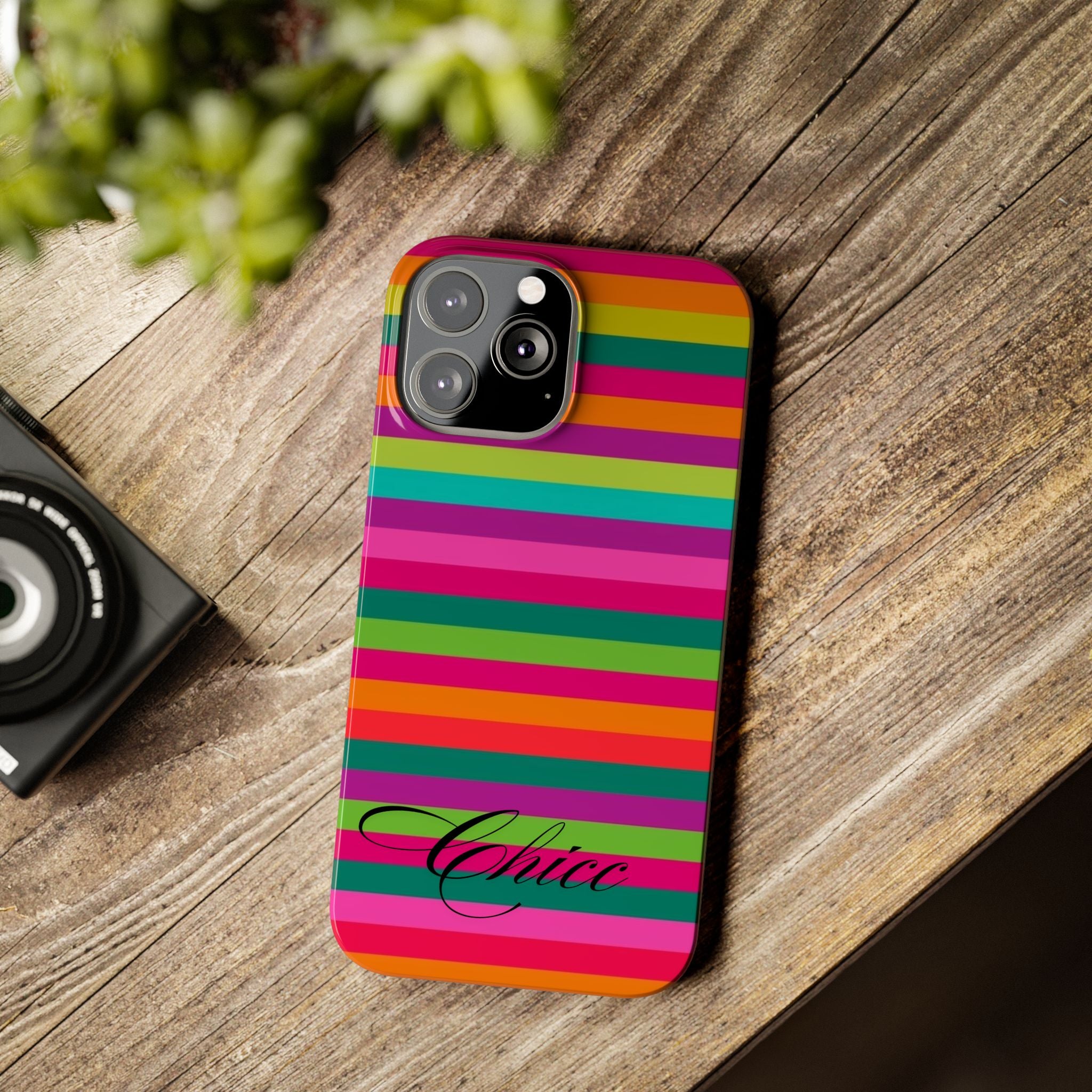 Chic Stripes Slim Phone Case — Colorful Rainbow Stripe Monogram Phone Cover