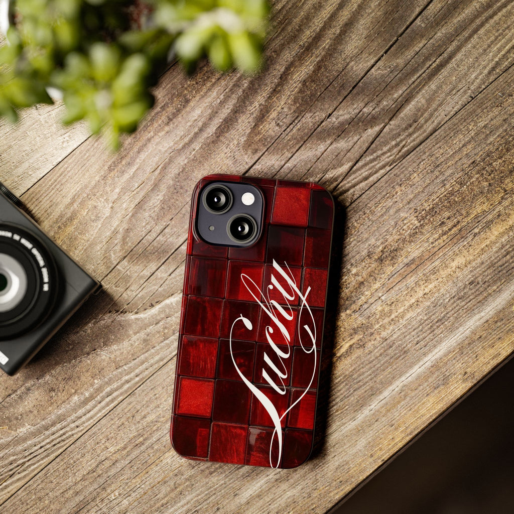 Red Mosaic 'Lucky' Slim Phone Case — Stylish Script Protective Cover