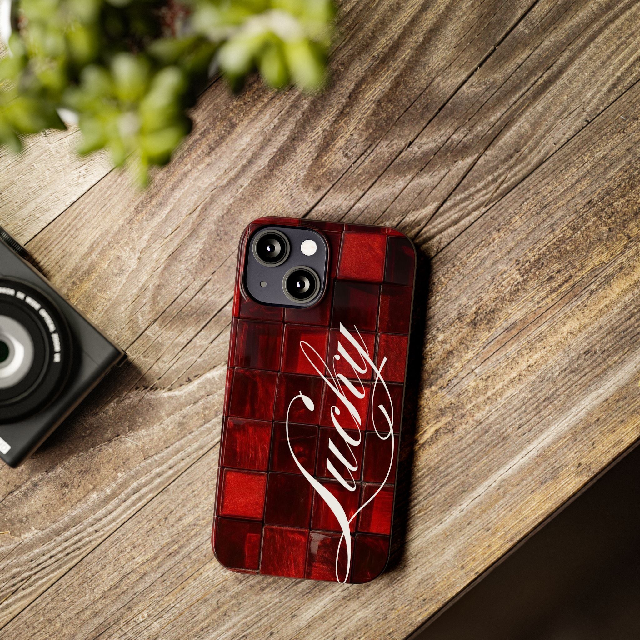 Red Mosaic 'Lucky' Slim Phone Case — Stylish Script Protective Cover