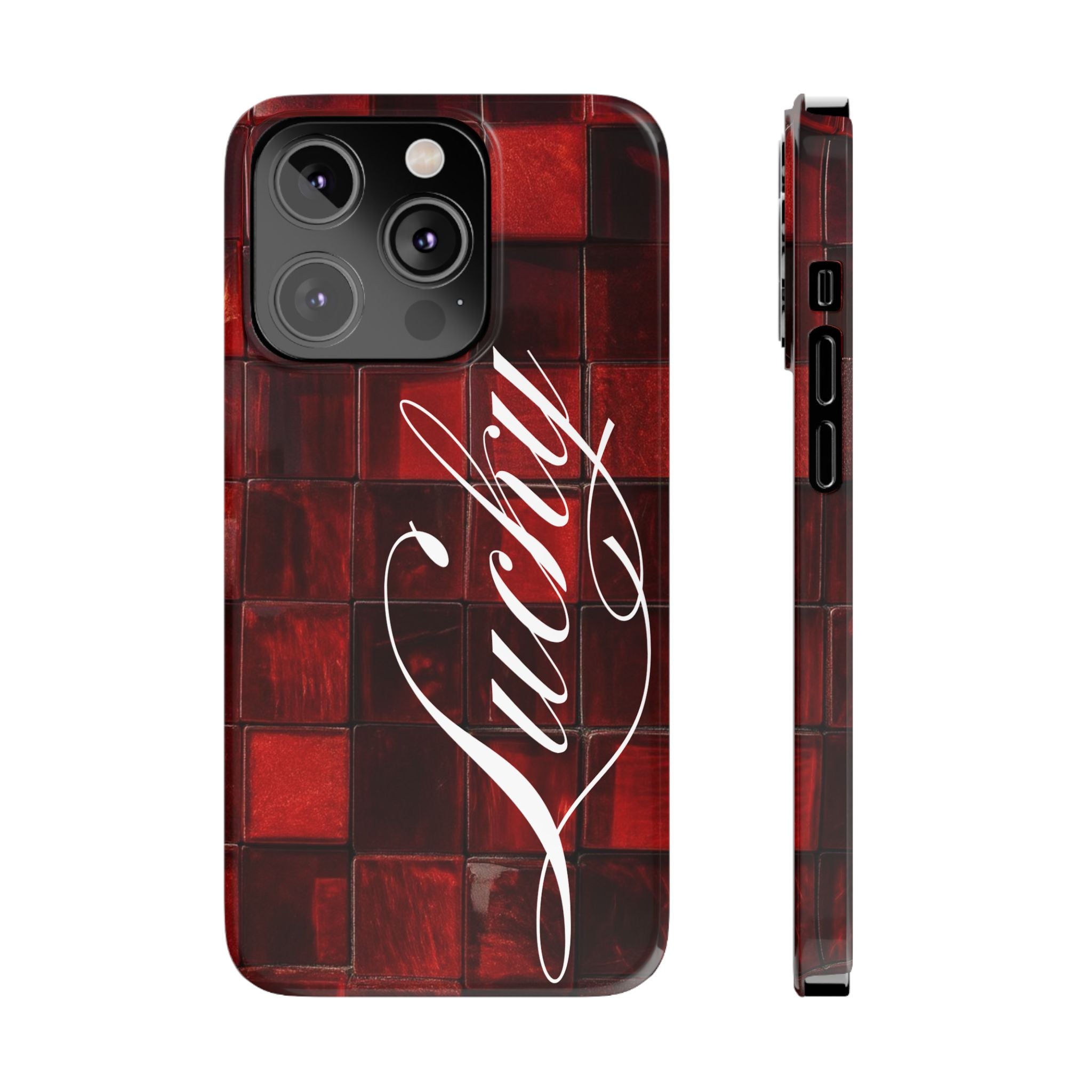 Red Mosaic 'Lucky' Slim Phone Case — Stylish Script Protective Cover