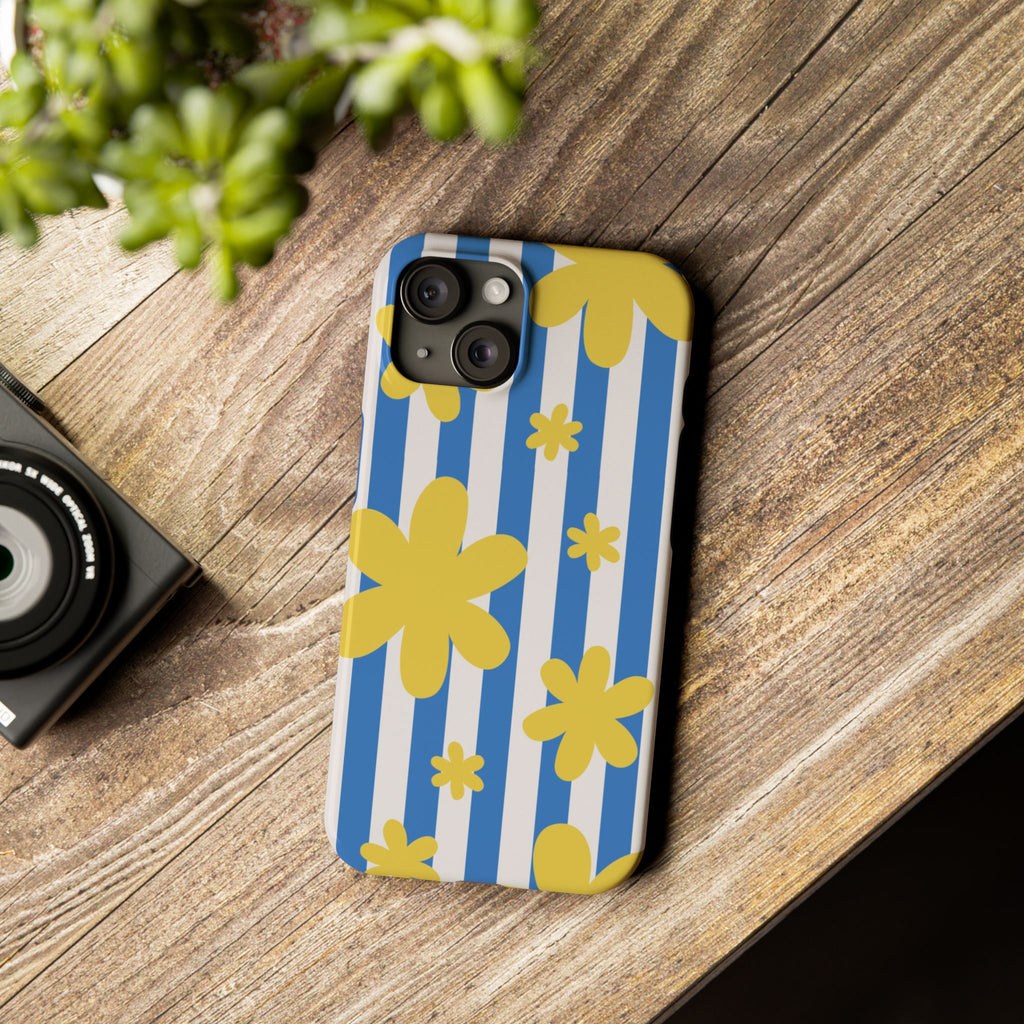 Retro Blue Stripes with Yellow Flower Pattern