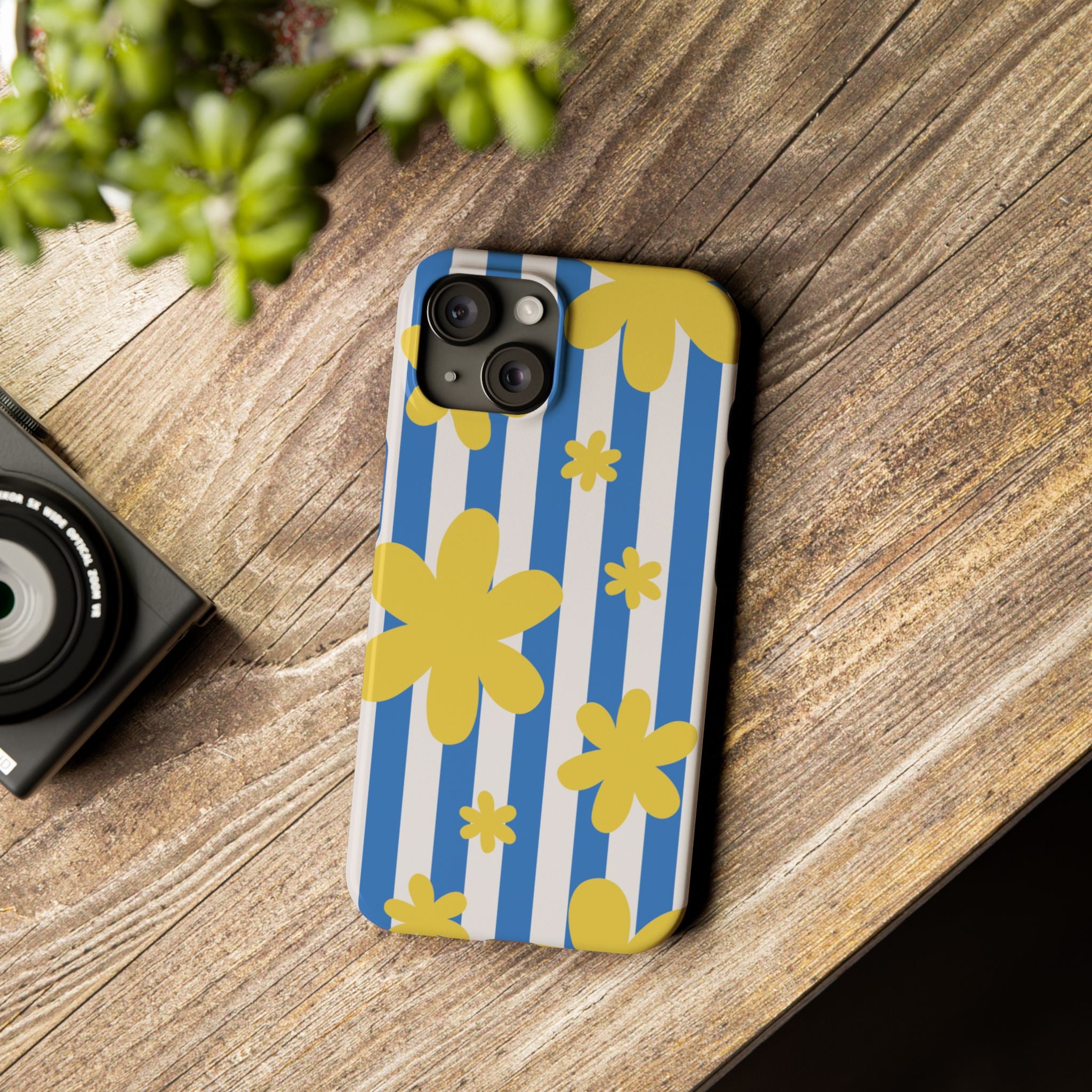 Retro Blue Stripes with Yellow Flower Pattern
