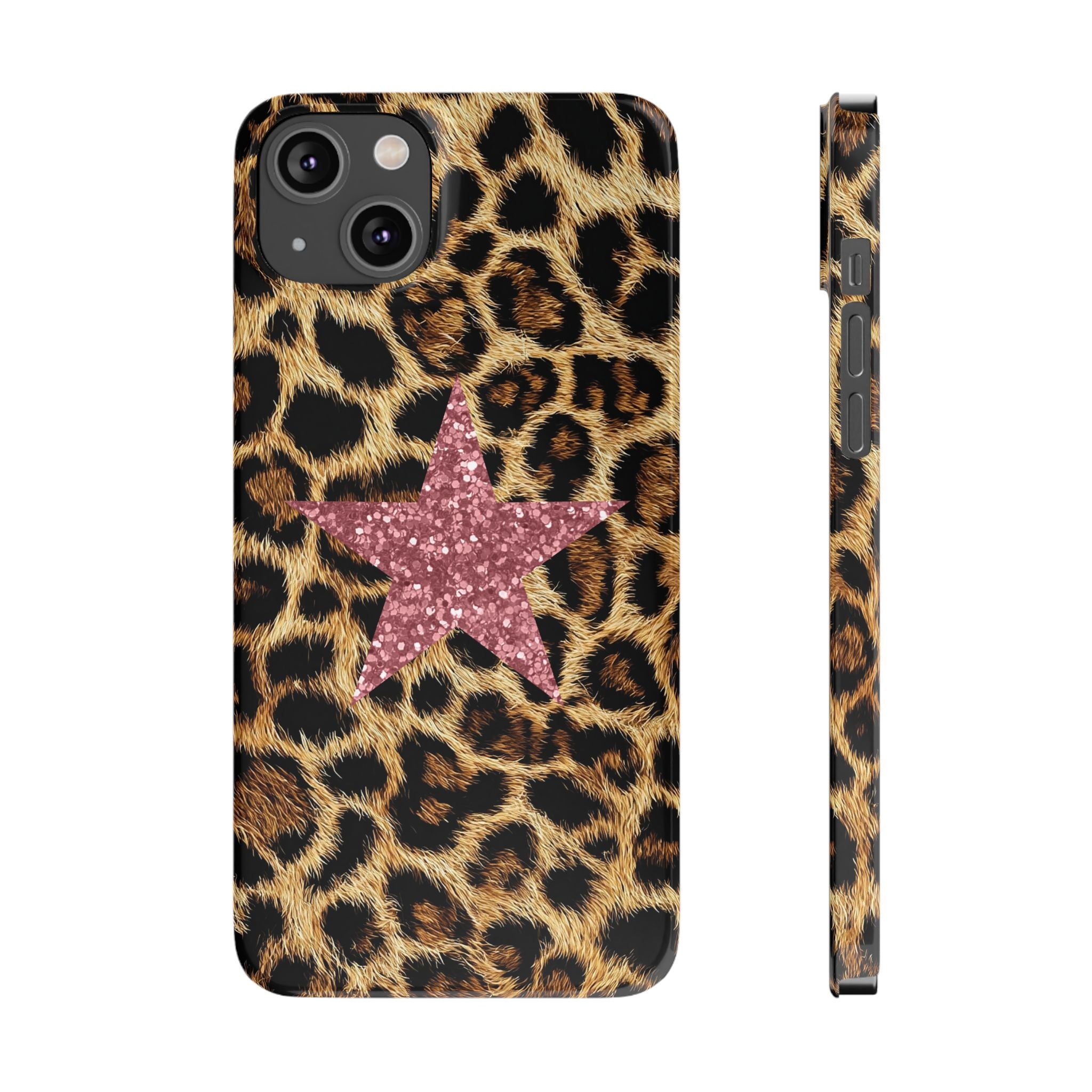 Leopard Print Slim Phone Case with Pink Glitter Star — Chic Animal Print Protective Cover