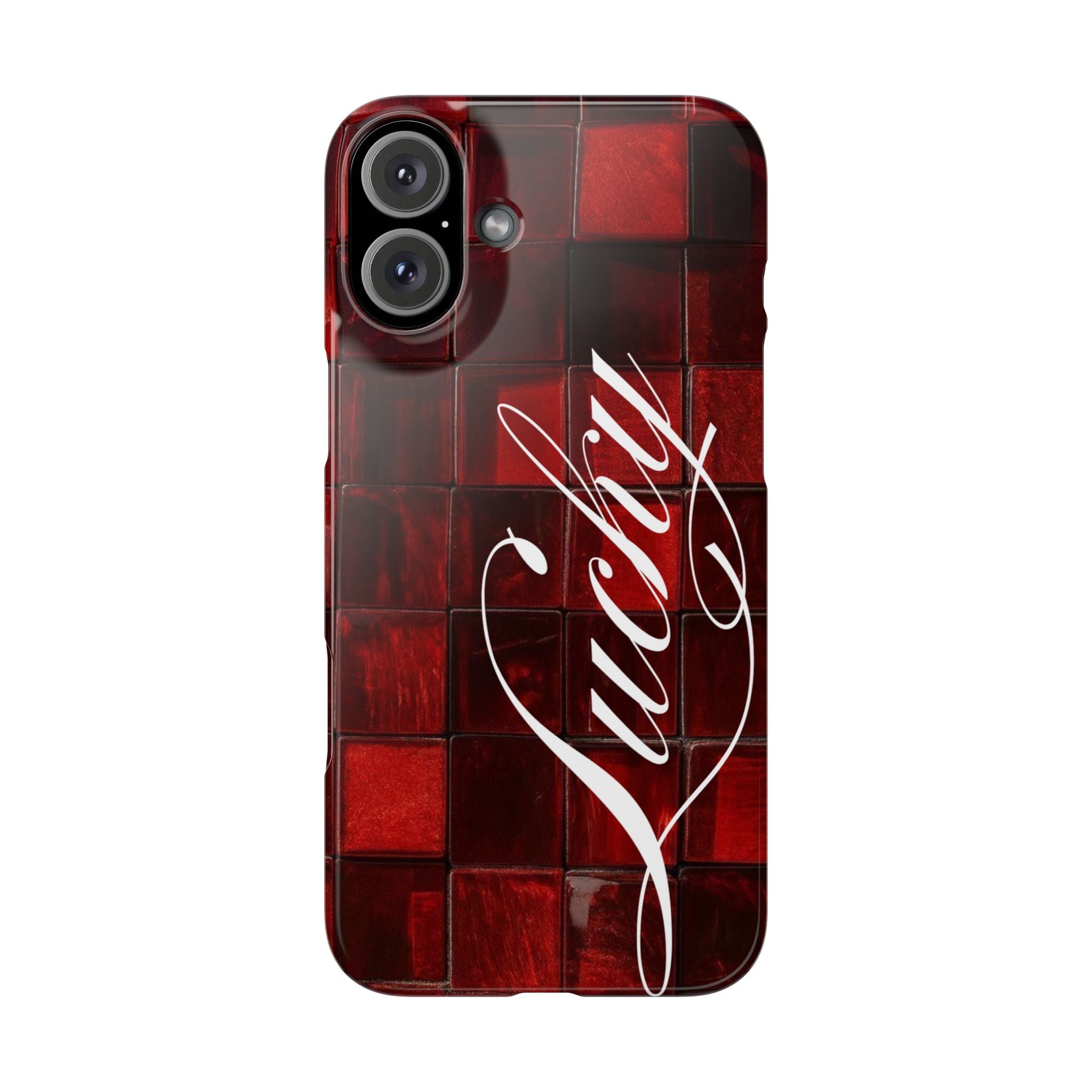 Red Mosaic 'Lucky' Slim Phone Case — Stylish Script Protective Cover