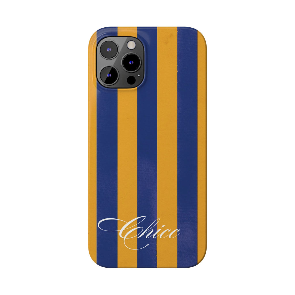 Striped Navy & Gold Slim Phone Case — "Chicc" Script Accent