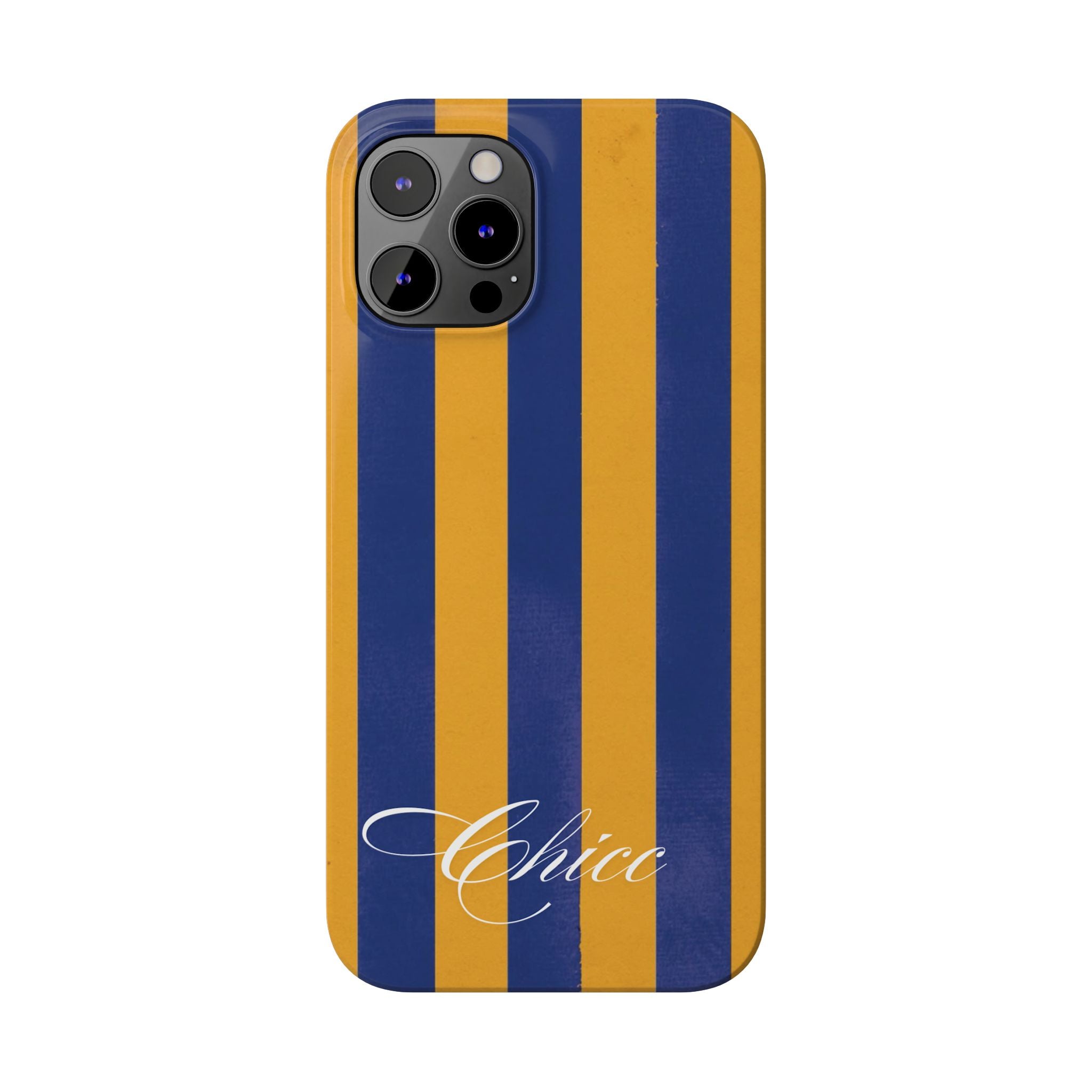 Striped Navy & Gold Slim Phone Case — "Chicc" Script Accent