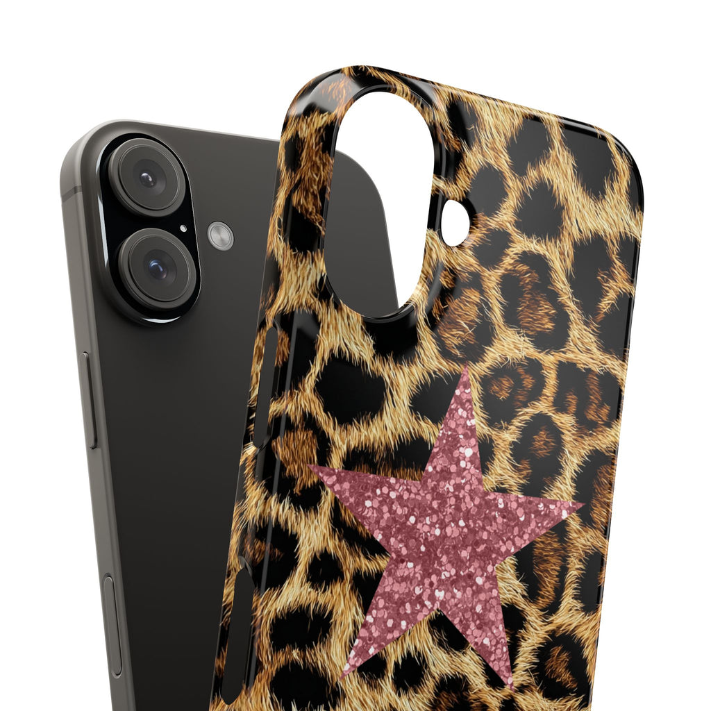 Leopard Print Slim Phone Case with Pink Glitter Star — Chic Animal Print Protective Cover