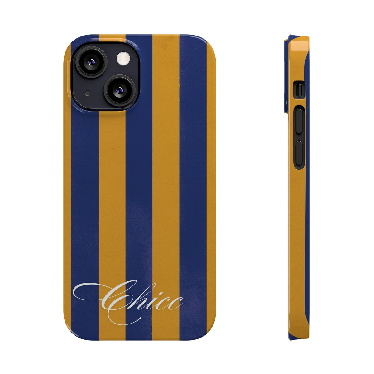 Striped Navy & Gold Slim Phone Case — "Chicc" Script Accent