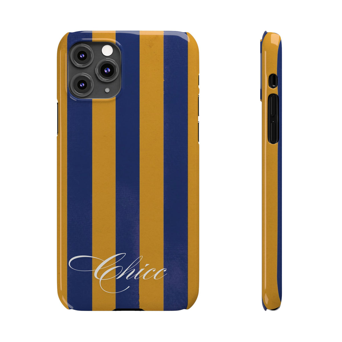 Striped Navy & Gold Slim Phone Case — "Chicc" Script Accent