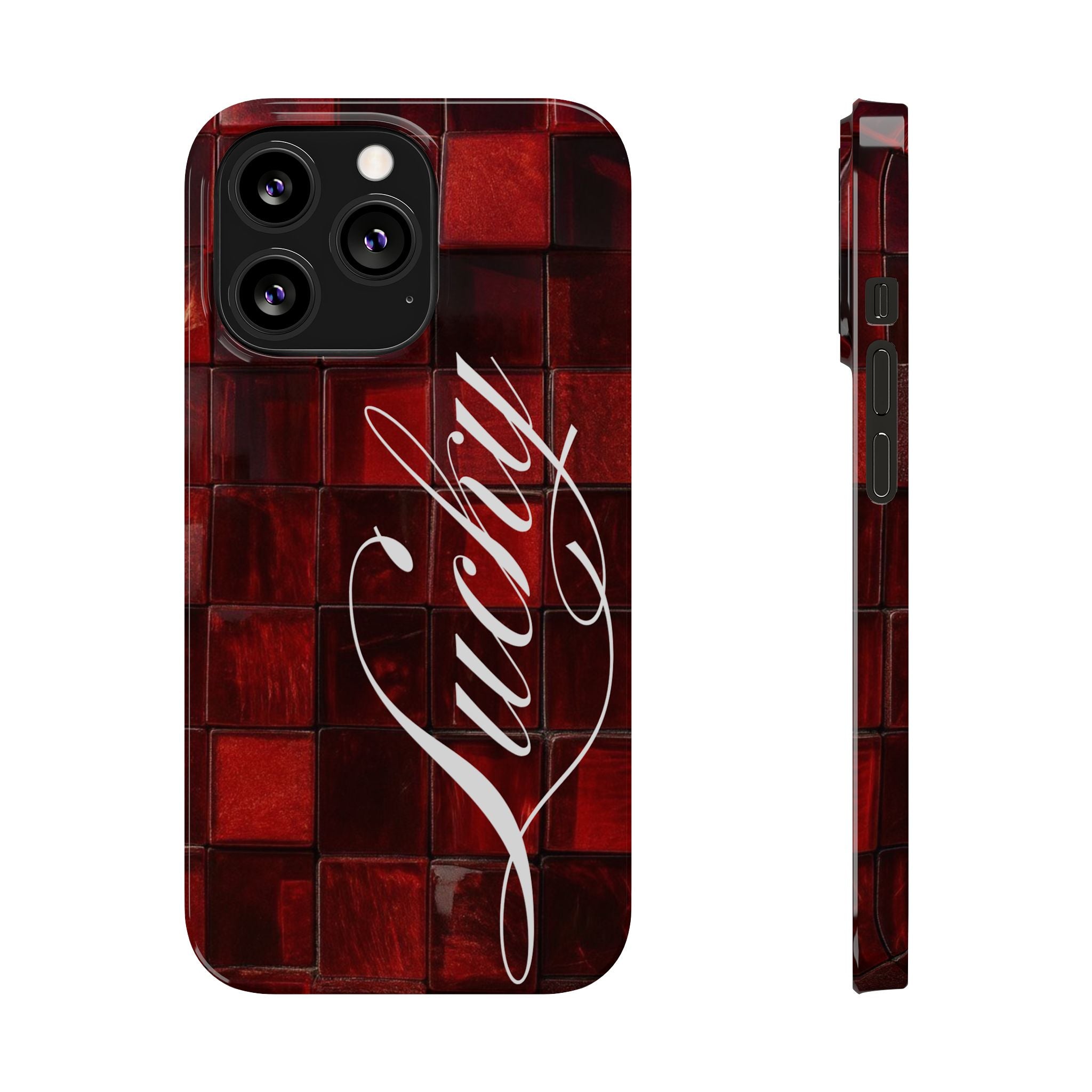 Red Mosaic 'Lucky' Slim Phone Case — Stylish Script Protective Cover