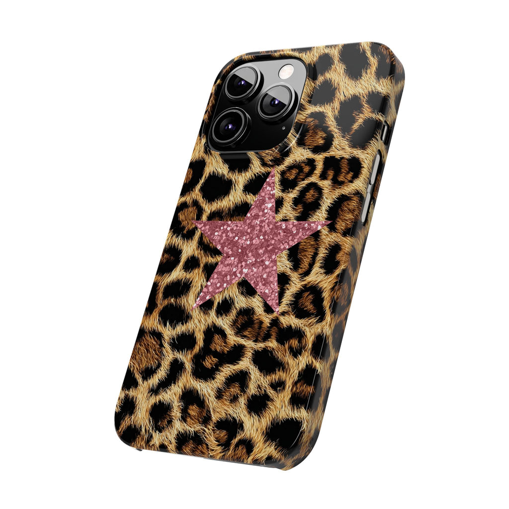 Leopard Print Slim Phone Case with Pink Glitter Star — Chic Animal Print Protective Cover