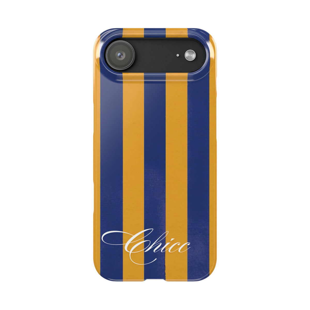 Striped Navy & Gold Slim Phone Case — "Chicc" Script Accent