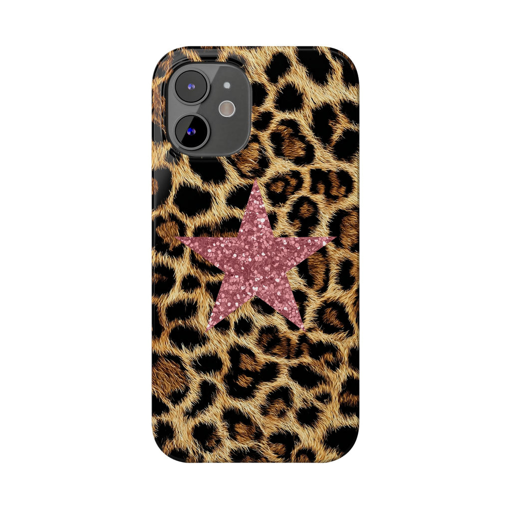 Leopard Print Slim Phone Case with Pink Glitter Star — Chic Animal Print Protective Cover