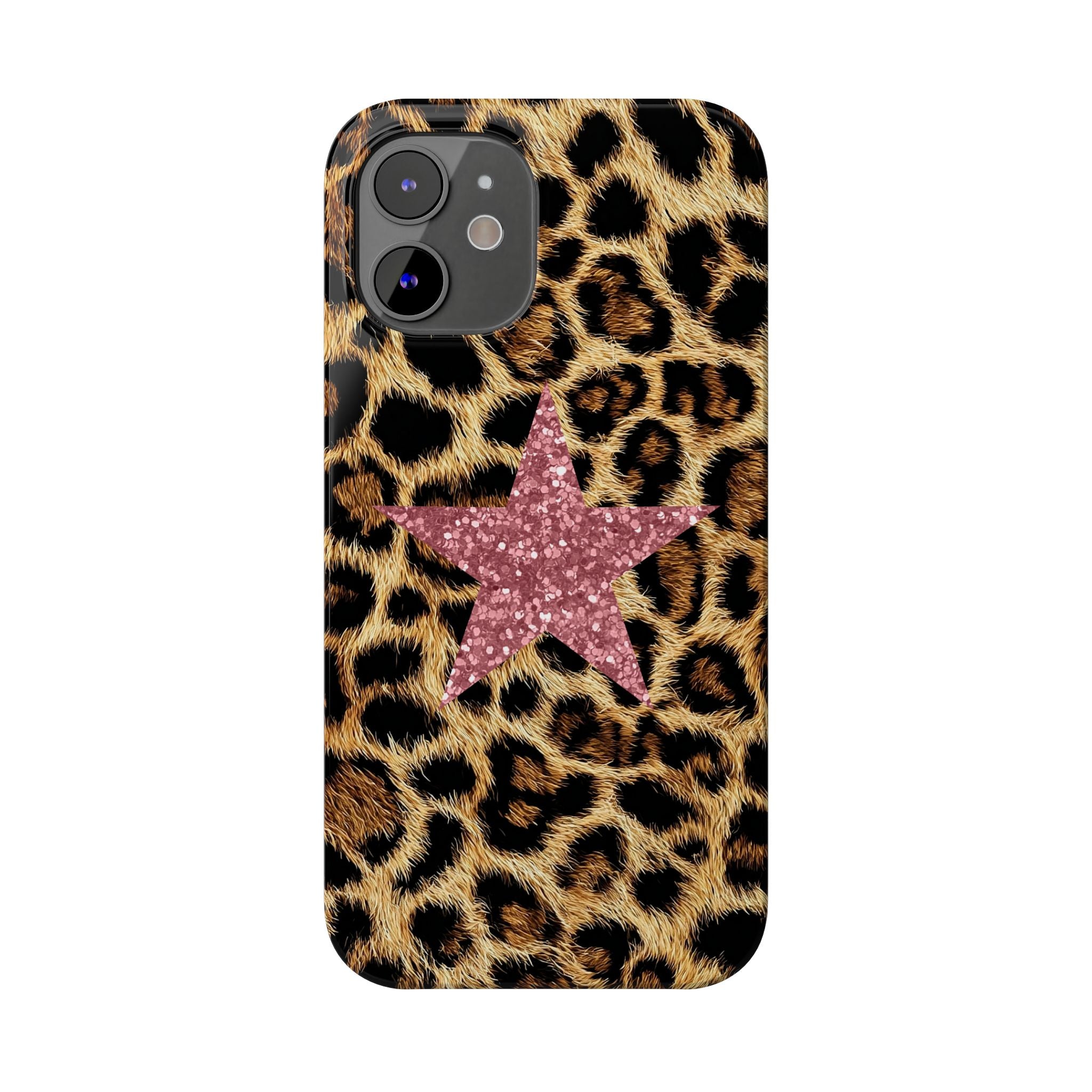 Leopard Print Slim Phone Case with Pink Glitter Star — Chic Animal Print Protective Cover