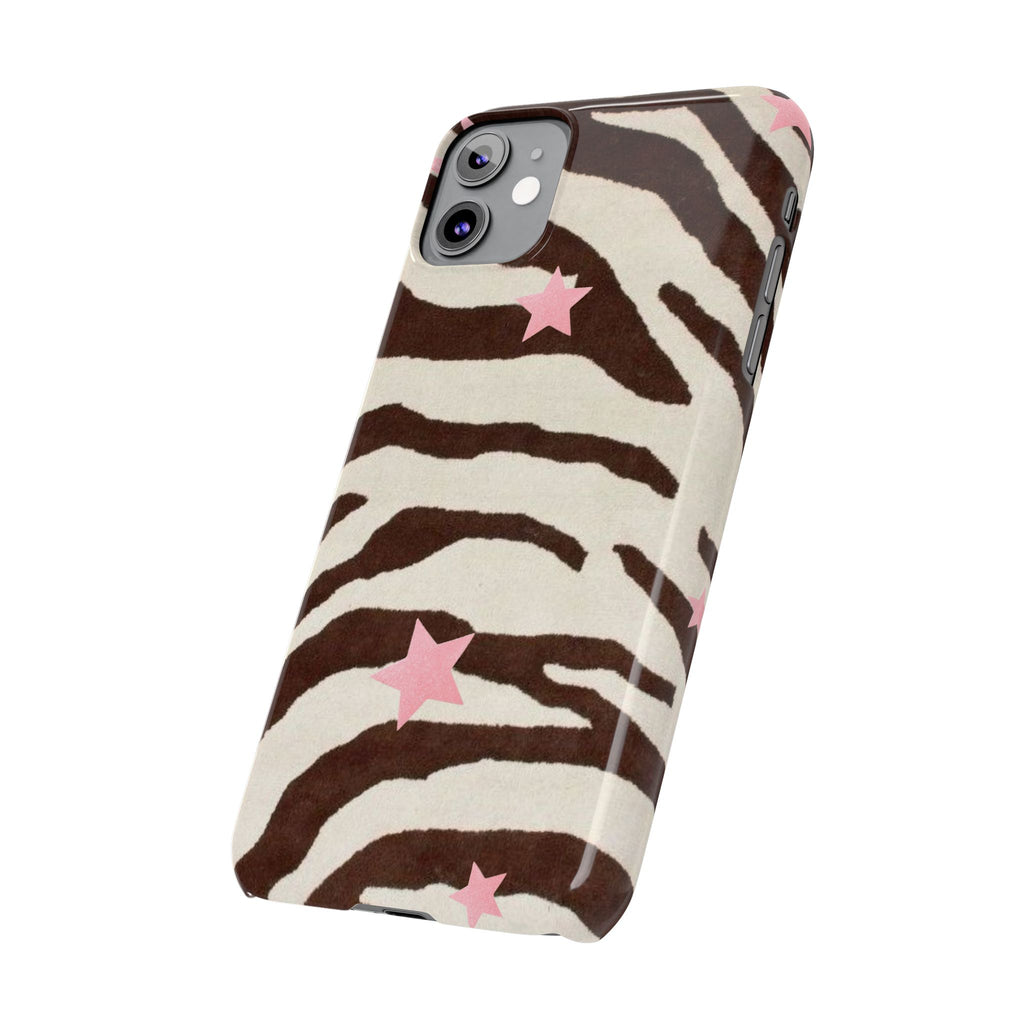 Zebra Stripe Slim Phone Case with Pink Stars – Trendy Animal Print Protector