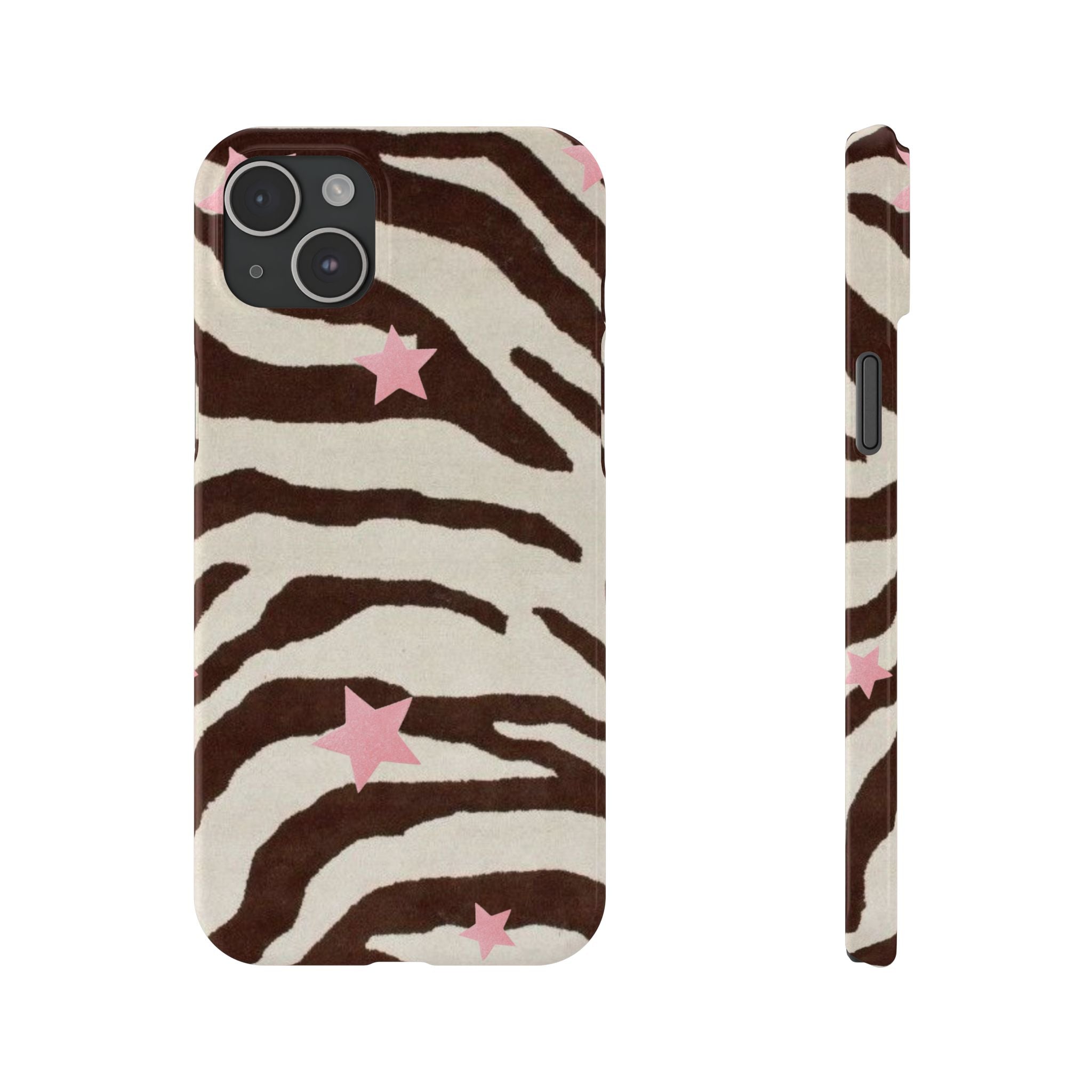 Zebra Stripe Slim Phone Case with Pink Stars – Trendy Animal Print Protector