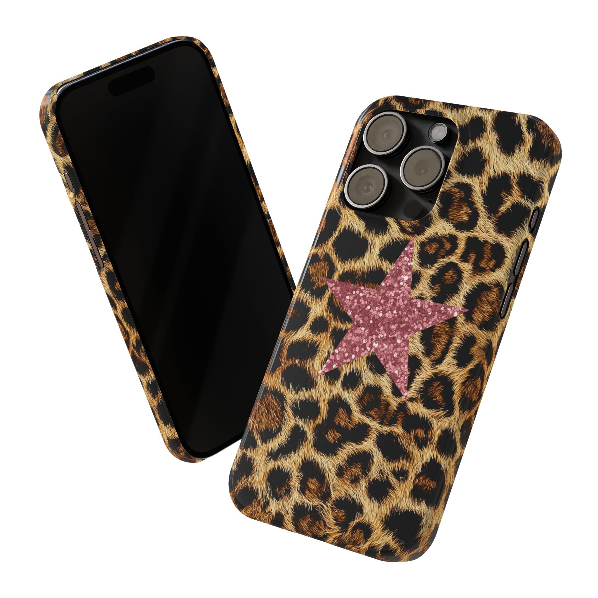 Leopard Print Slim Phone Case with Pink Glitter Star — Chic Animal Print Protective Cover