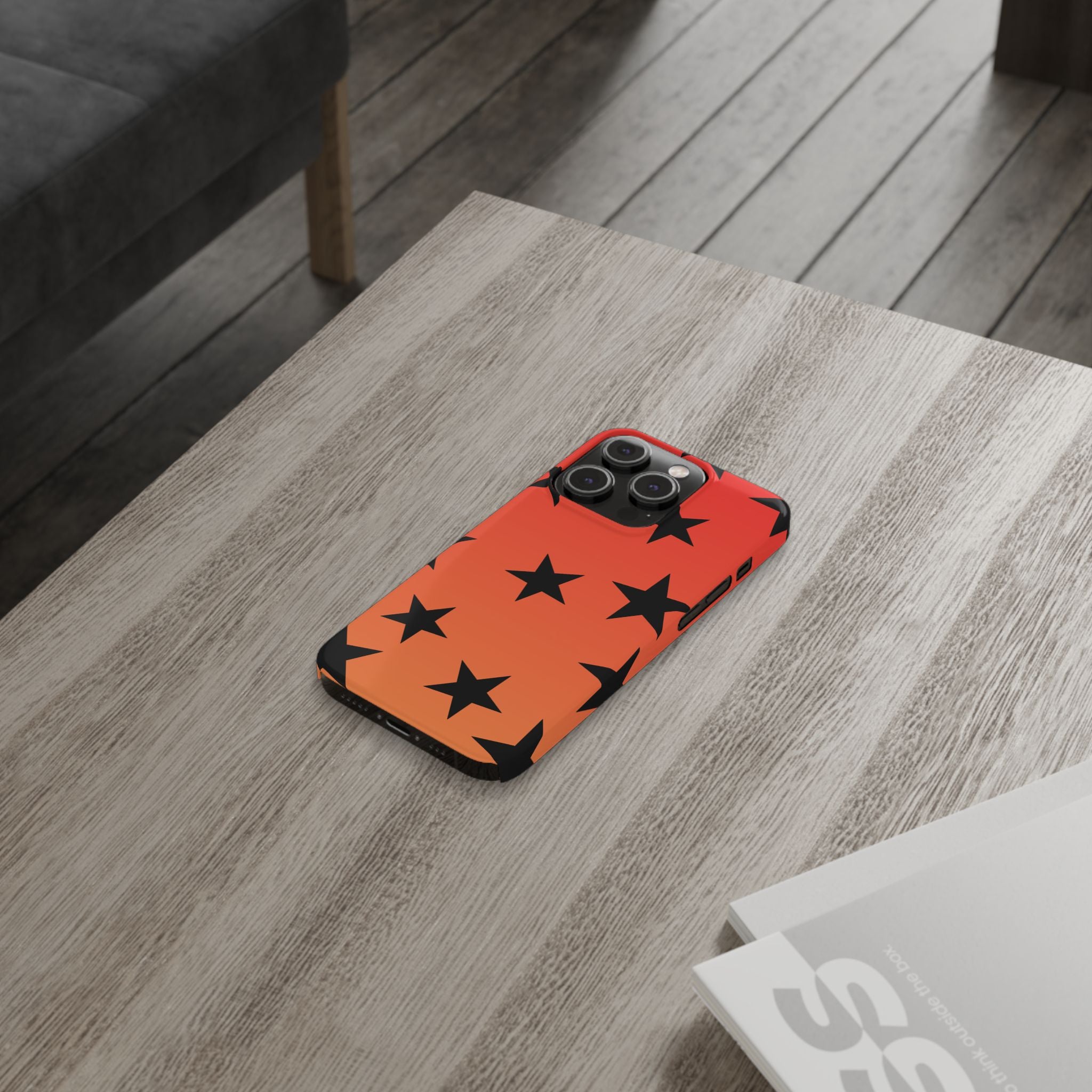 Star Pattern Slim Phone Case — Gradient Orange Red with Black Stars