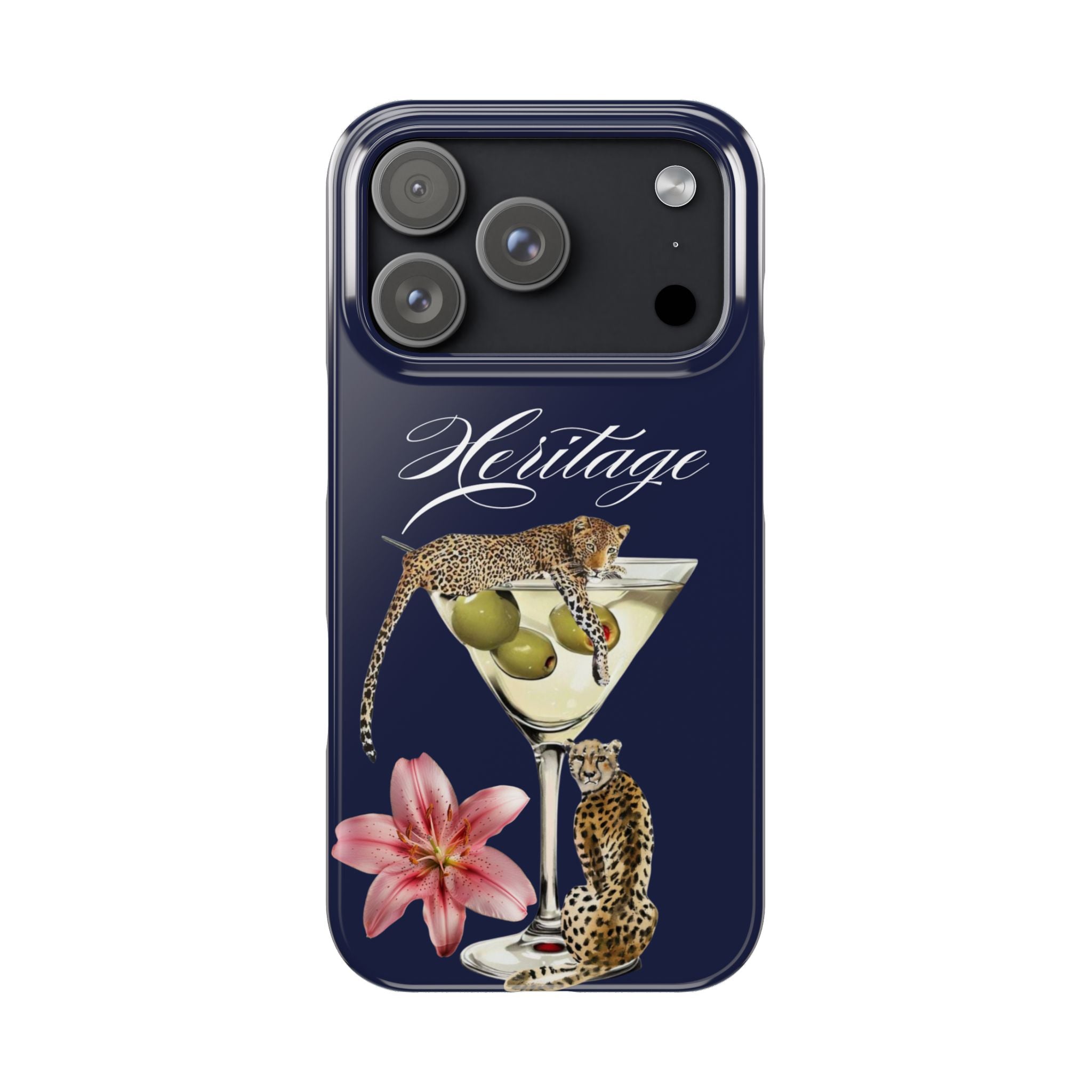 Heritage Cheetah Martini Slim Phone Case — Floral Cocktail Design