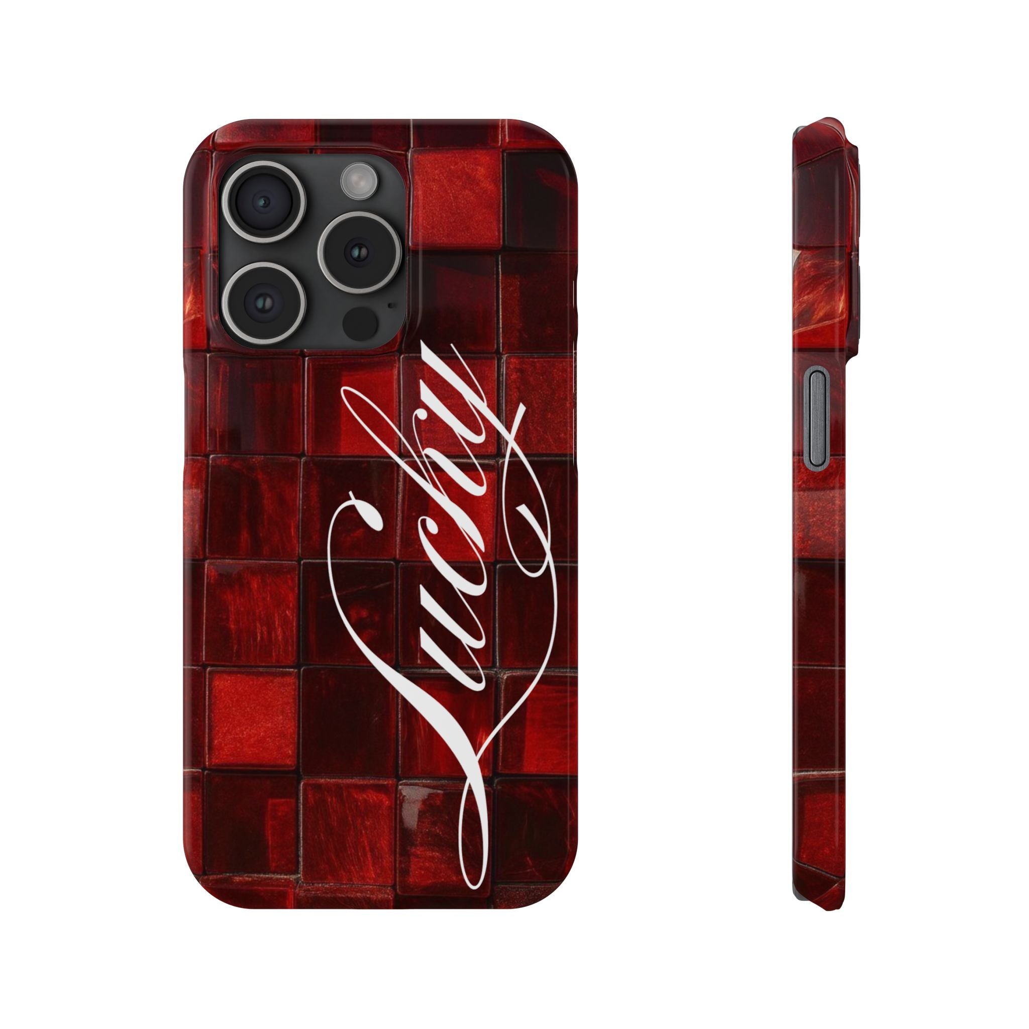 Red Mosaic 'Lucky' Slim Phone Case — Stylish Script Protective Cover